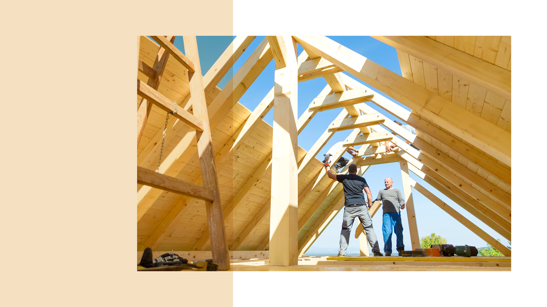 Photo of four contractors building a roof on a sunny day in California (designs by Kat Vochoska).