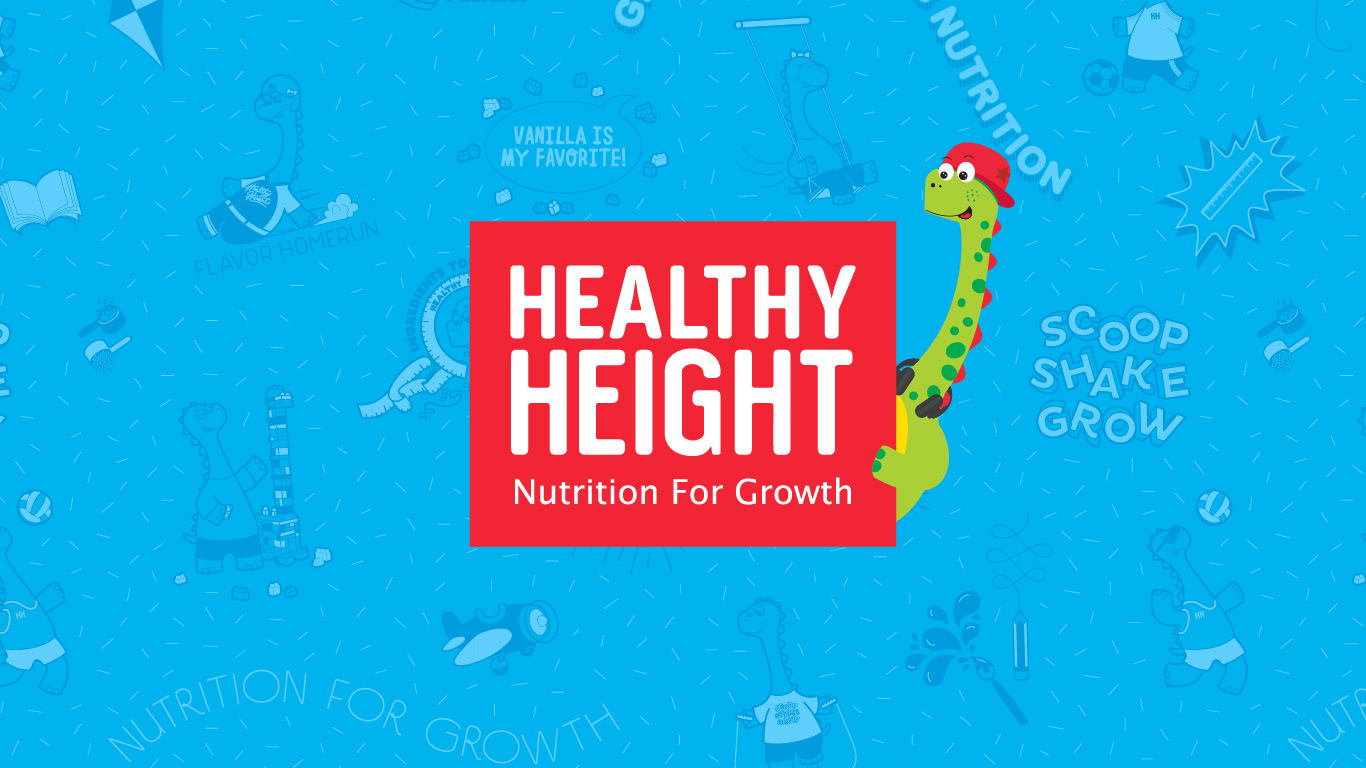 Healthy Height® logo with dinosaur mascot peeking around it, all set on a blue patterned background (designs by Kat Vochoska).