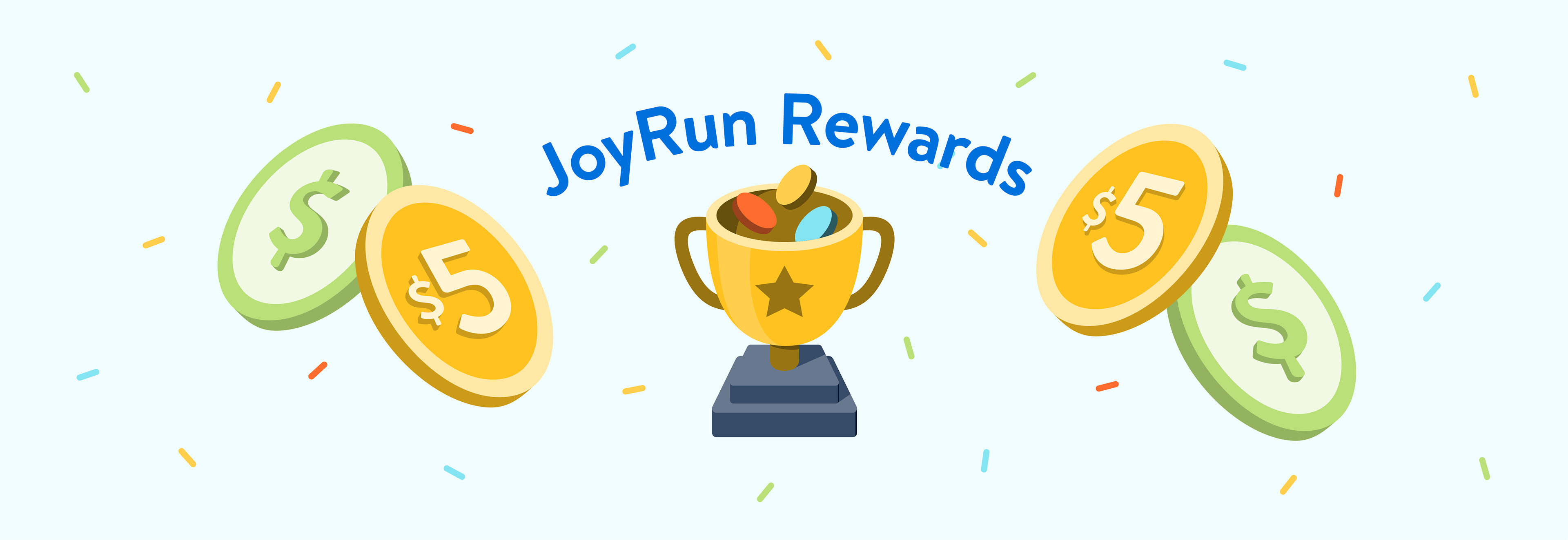 In-app rewards banner of illustrated trophy with colorful coins surrounded by sprinkle confetti (designs by Kat Vochoska).