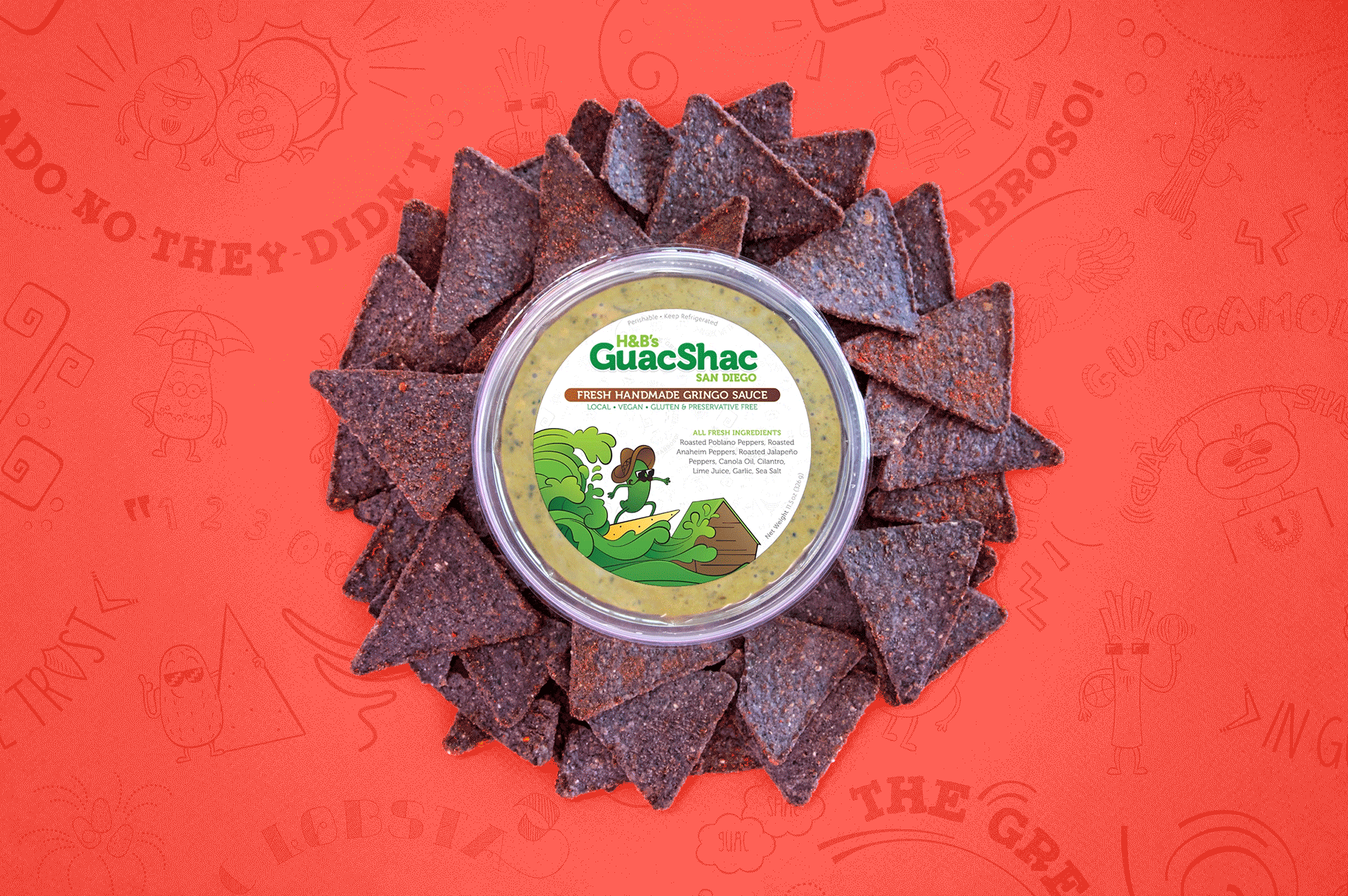 Animated gif of three photos featuring guacamole, bean dip, and jalapeño salsa on fun ingredient pattern (designs by Kat Vochoska).