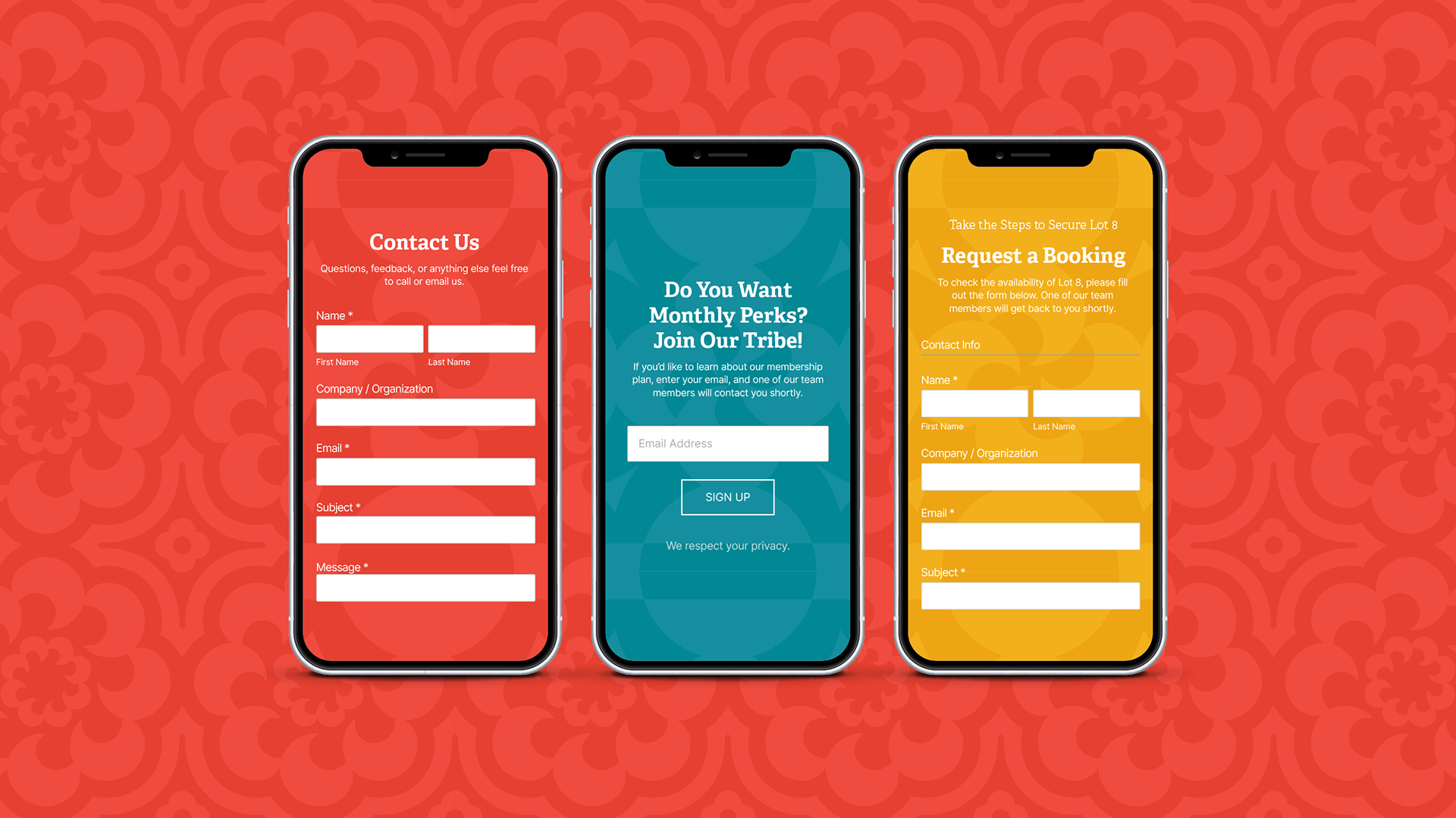 Three iPhones featuring different forms from the Tribe website, on a red and coral pattern (designs by Kat Vochoska).