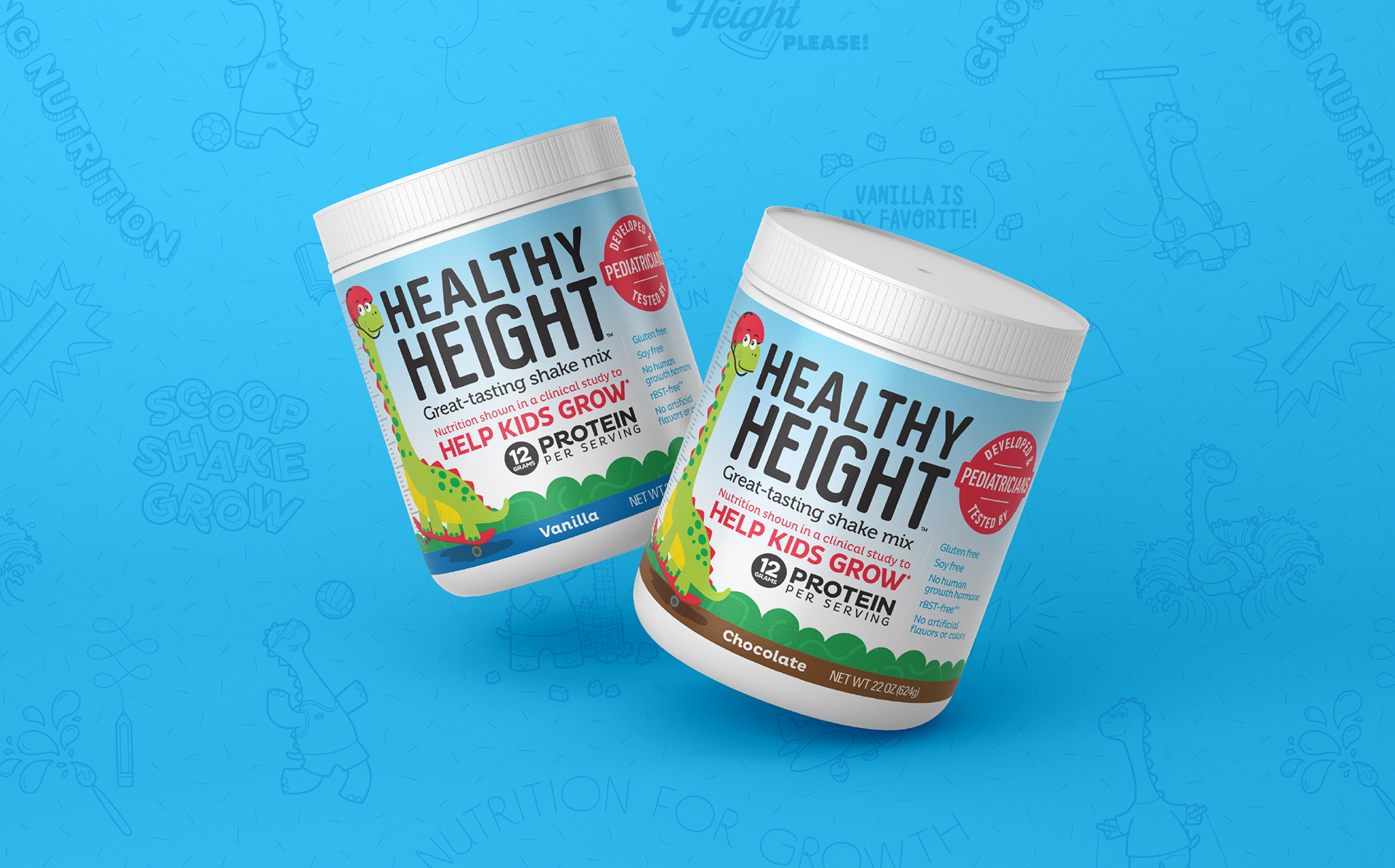Healthy Height® kids protein canisters, Chocolate and Vanilla, on blue patterned background (designs by Kat Vochoska).