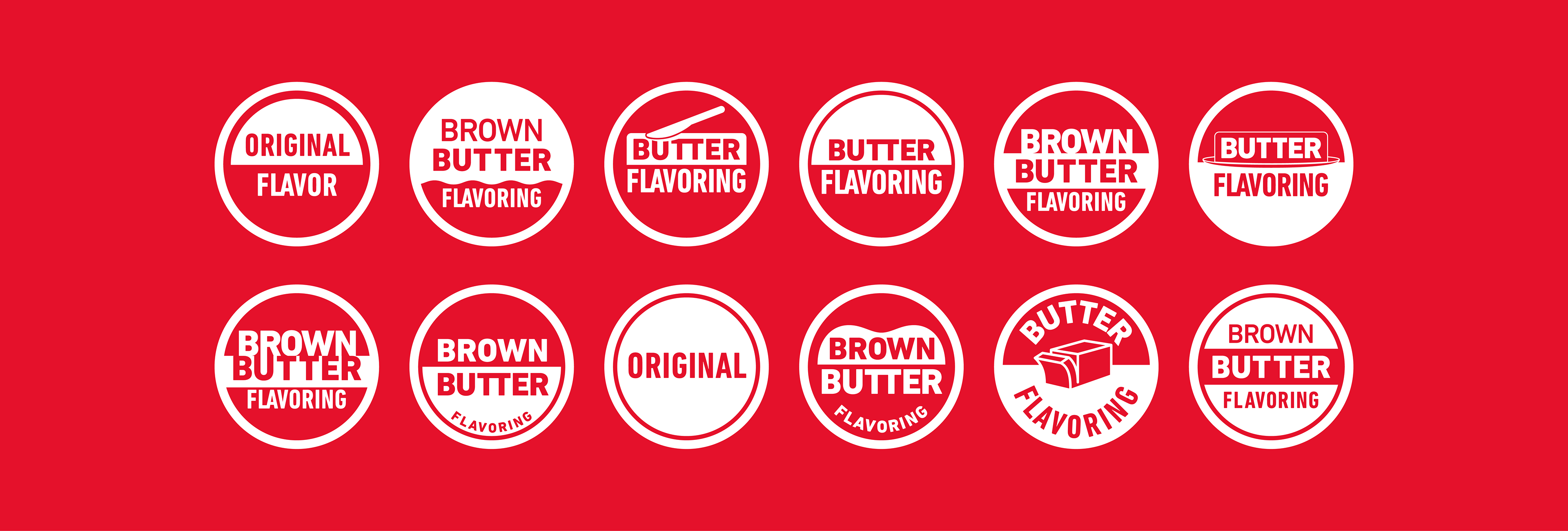 12 different Butter, Brown Butter, and Original Flavoring icon mockups in white on red background (designs by Kat Vochoska).