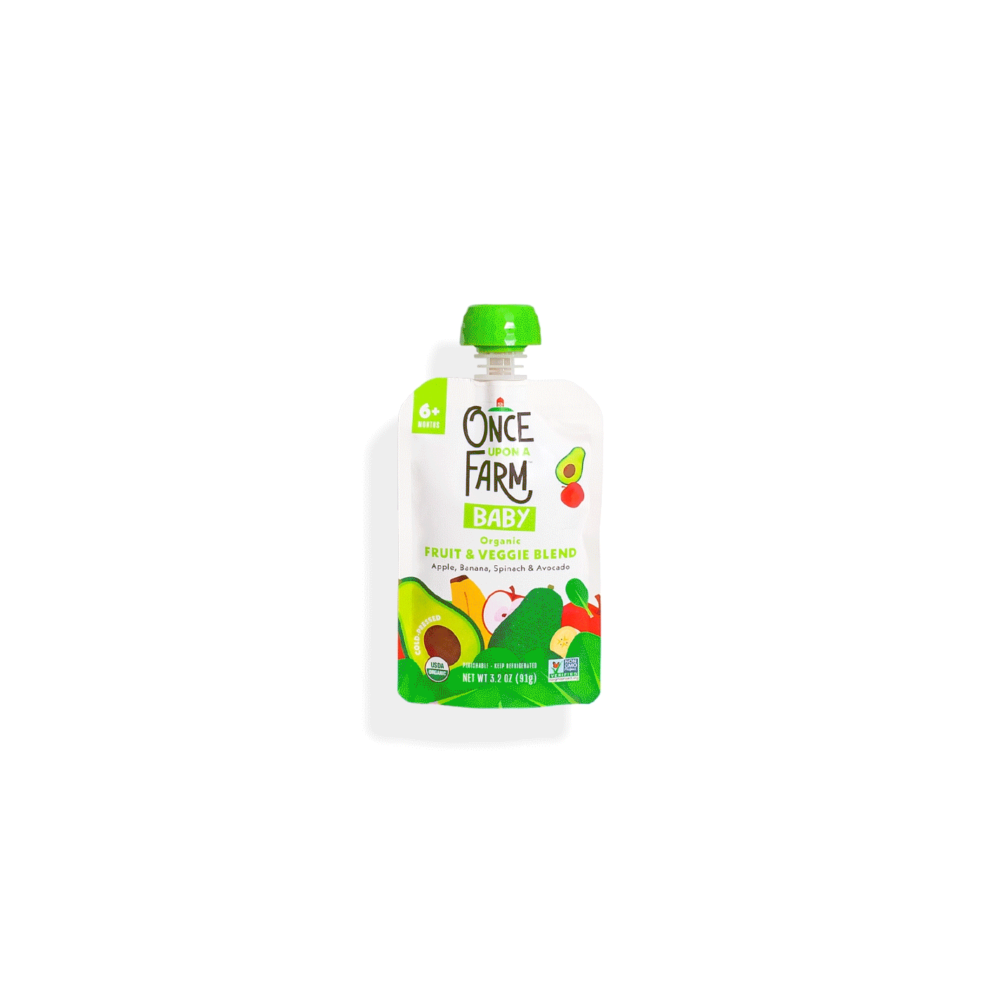 Baby food product surrounded by fruit and vegetable ingredients animated to spiral out and back into the package (animation by Kat Vochoska).