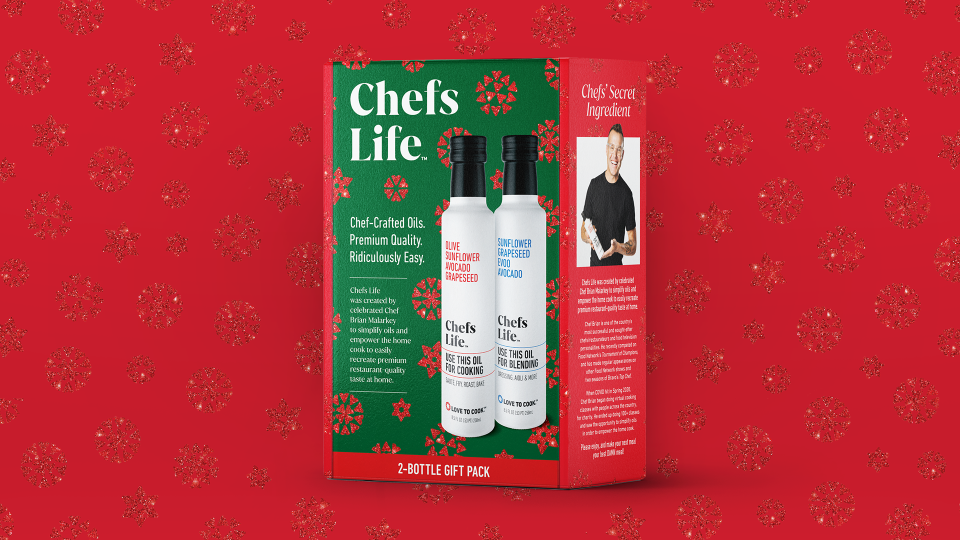 Chefs Life™ gift box for Target with custom snowflakes in red on a bright green background (designs by Kat Vochoska).
