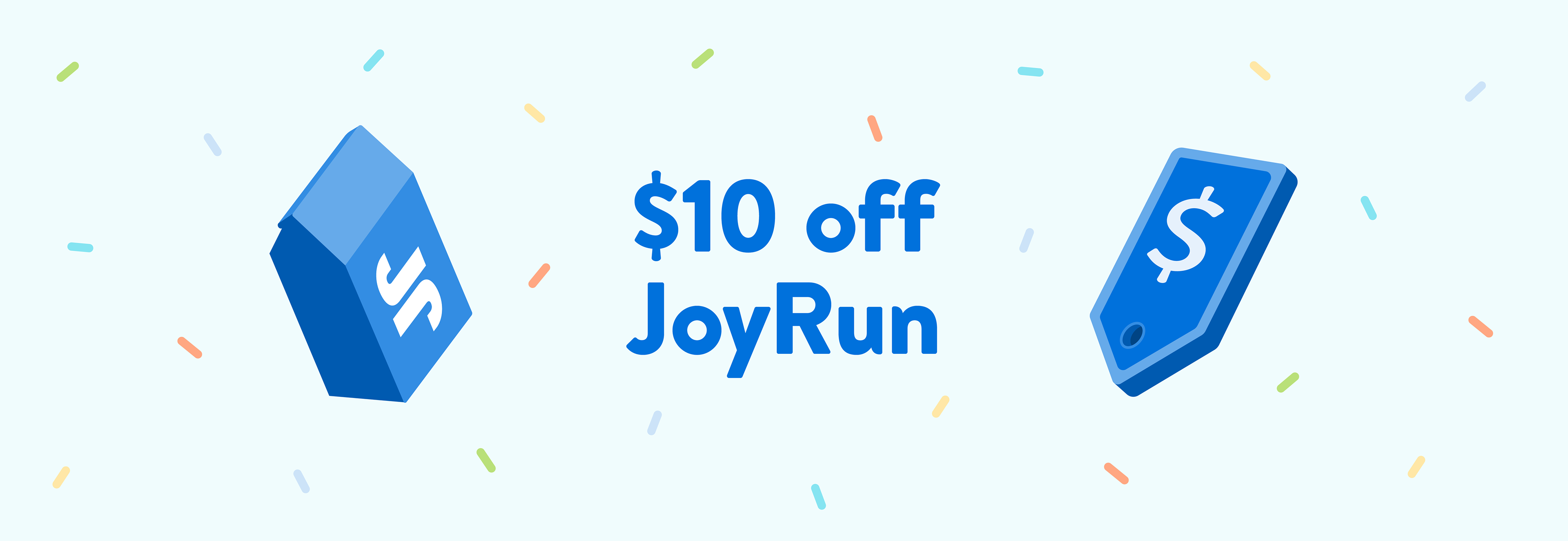 In-app banner with illustrated delivery bag and price tag surrounded by colorful sprinkle confetti (designs by Kat Vochoska).