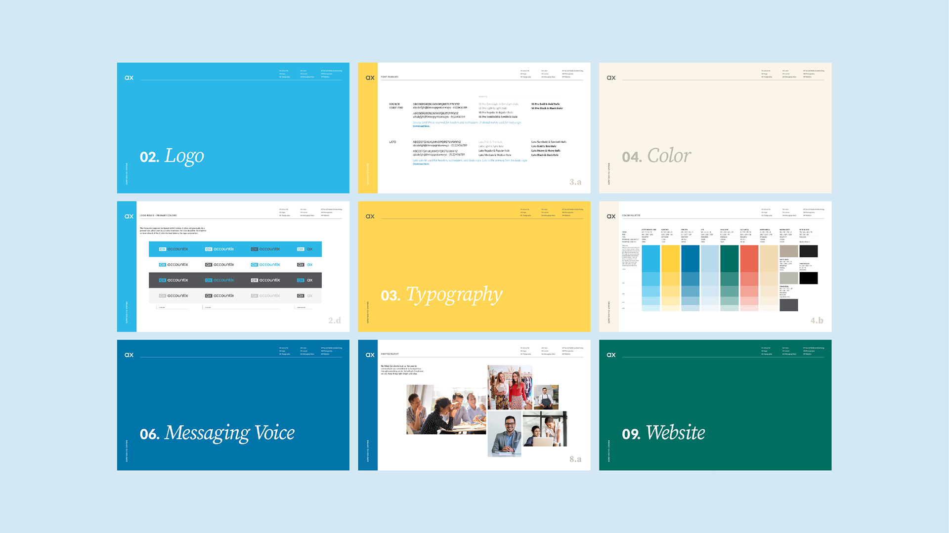 Image with nine screenshots from the Accountix Brand Guidelines showcasing color, type and logo use (designs by Kat Vochoska).