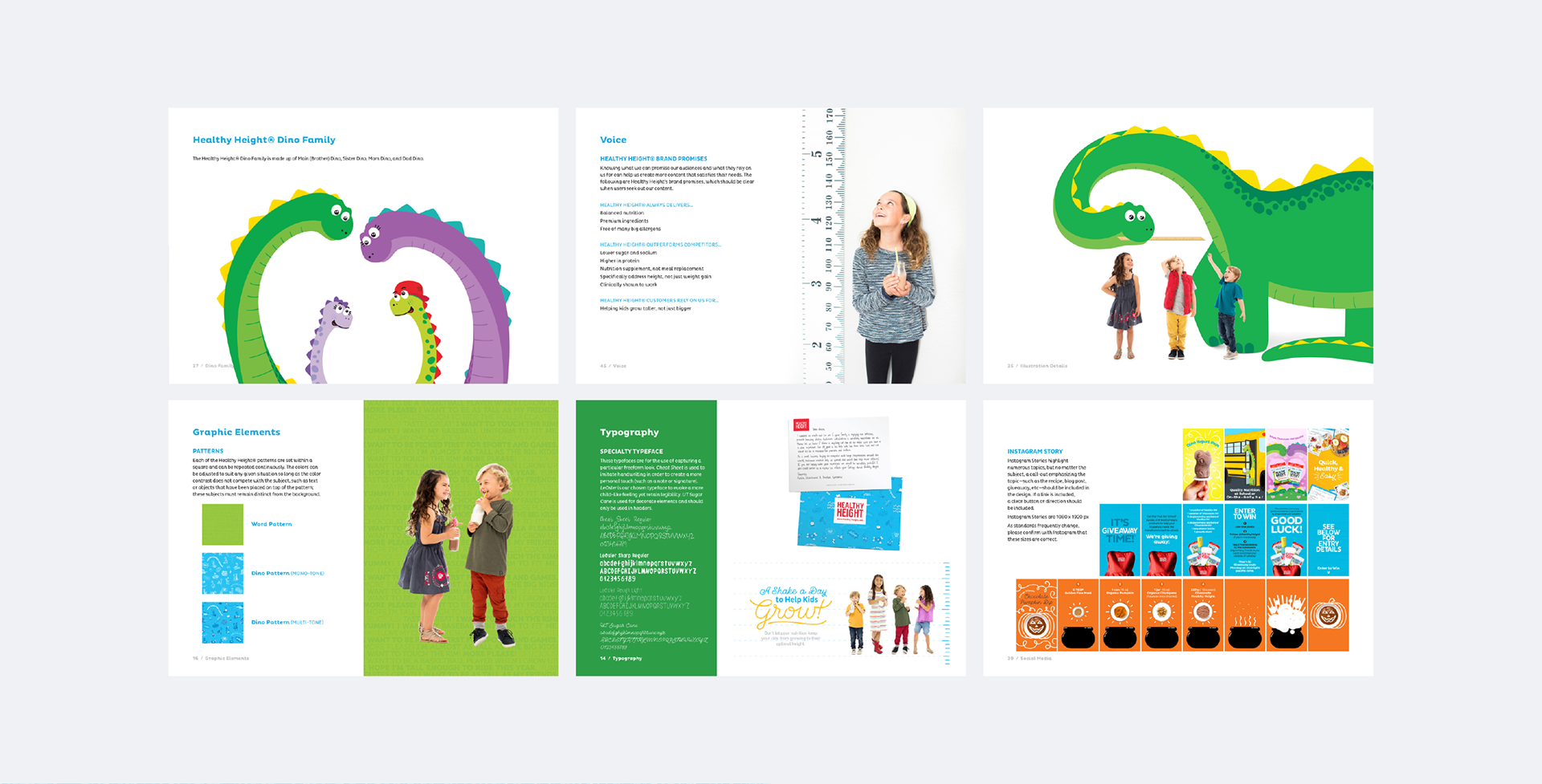 An image featuring six pages of the Healthy Height® Brand Guidelines (designs by Kat Vochoska).