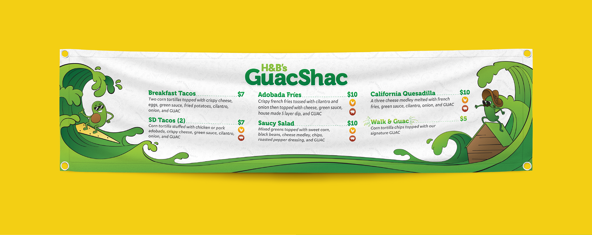 Menu featuring an avocado and poblano pepper surfing on a guacamole wave (designs by Kat Vochoska).
