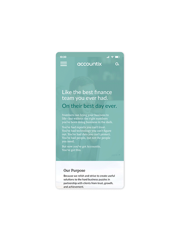 A short scroll animation showcasing one of the pages of the Accountix website on mobile (designs by Kat Vochoska).