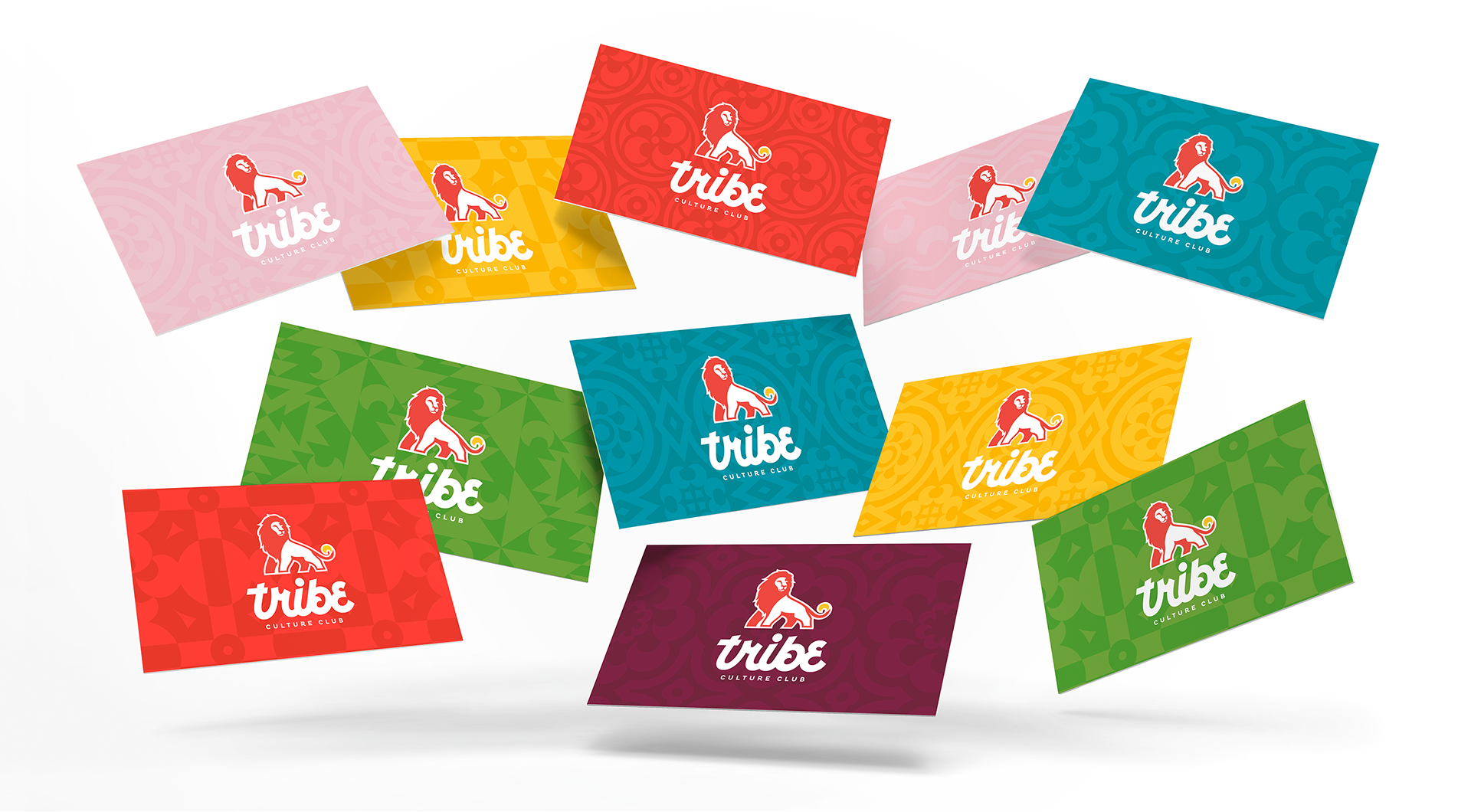 A photo of the different Tribe color and pattern combinations on multiple business cards (designs by Kat Vochoska).