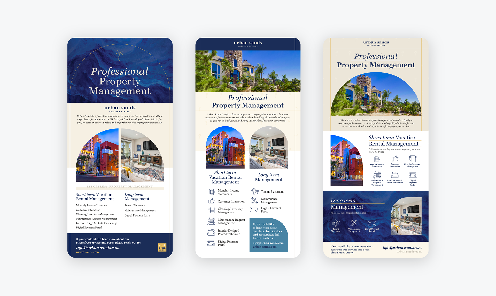 Screenshot of three email designs for marketing and announcement purposes set on iPhones (designs by Kat Vochoska).