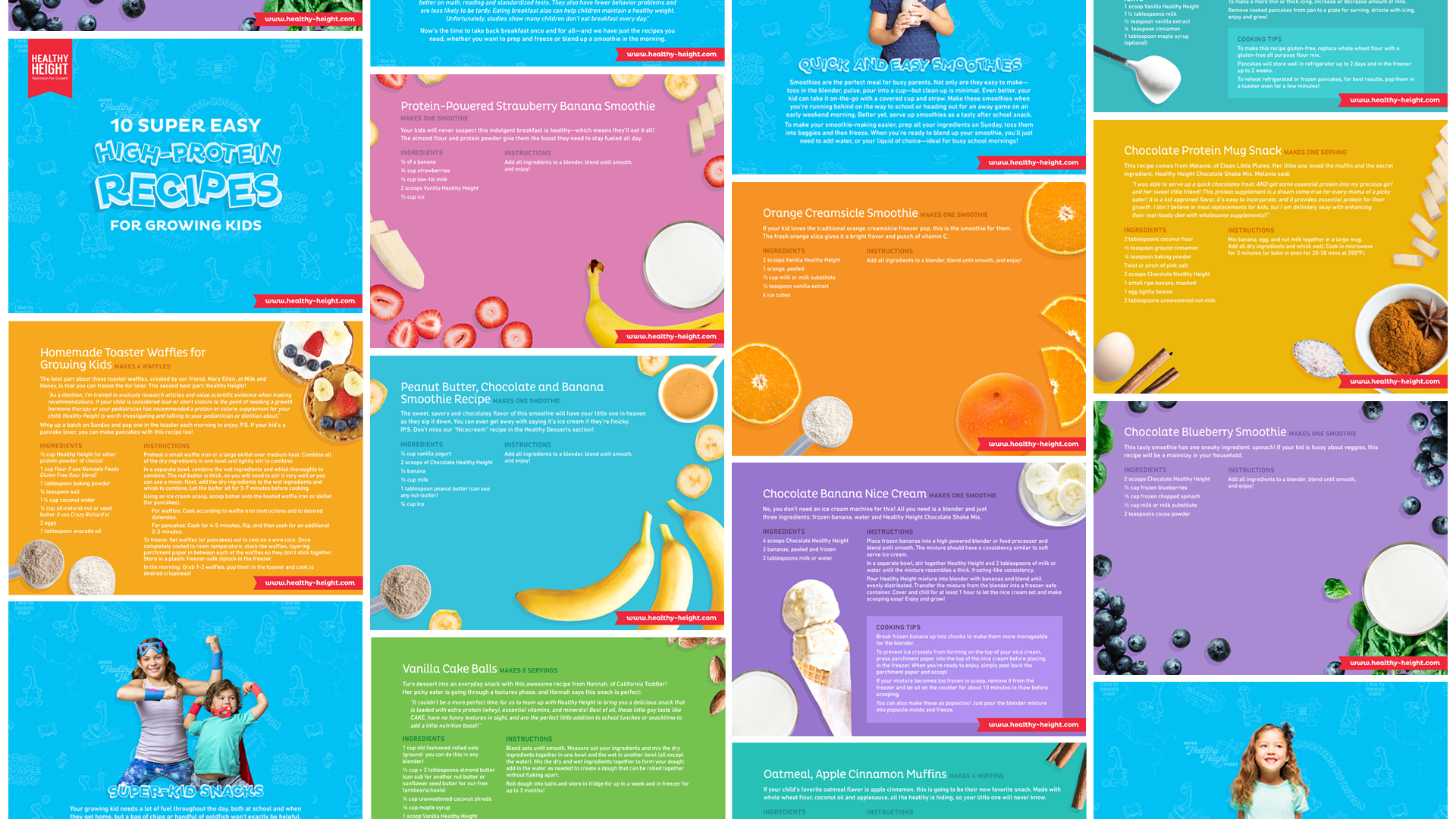 An image featuring multiple pages from Healthy Height®'s 10 Super Easy High-Protein Recipes book (designs by Kat Vochoska).