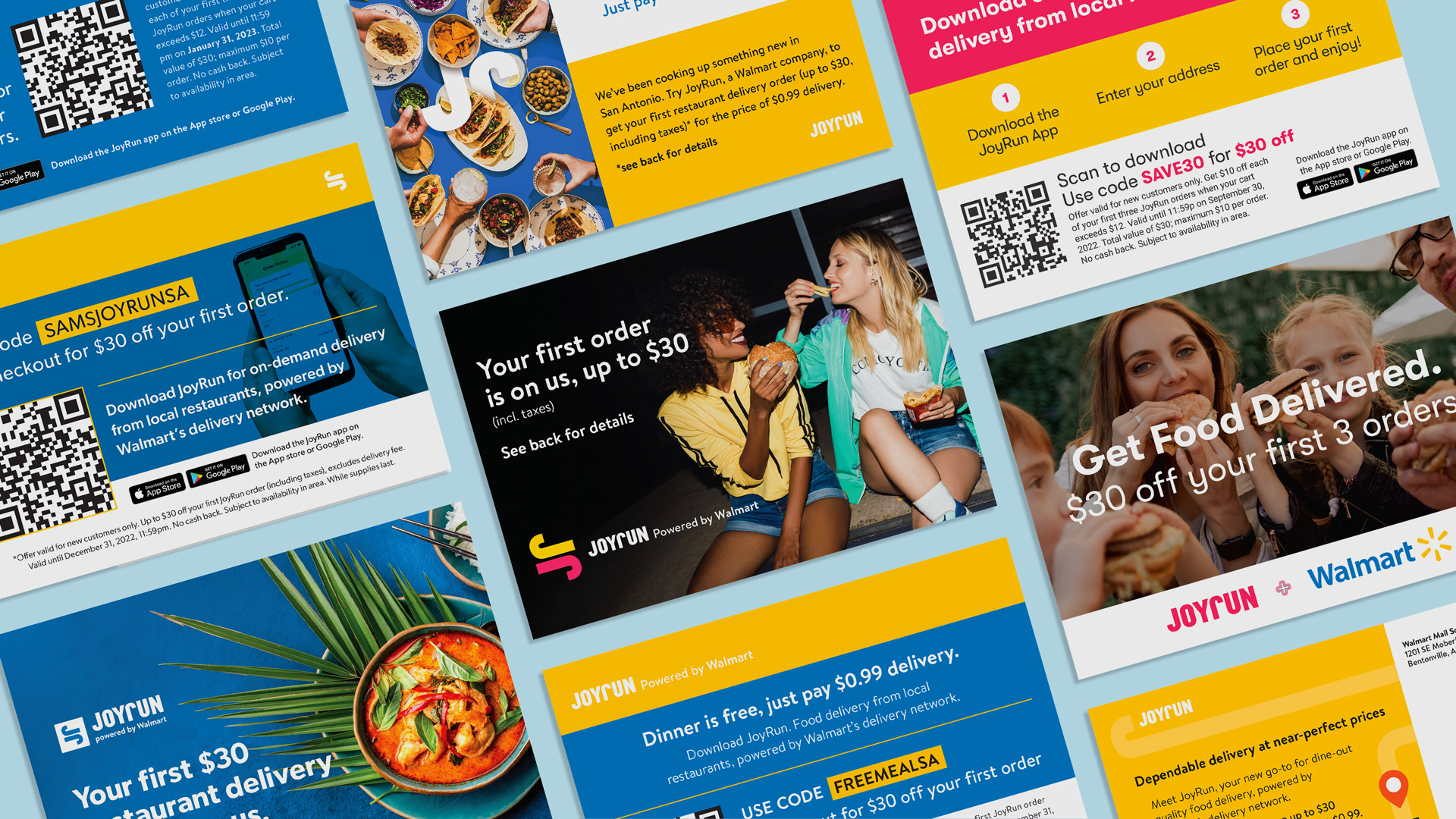 Photo of multiple marketing postcard designs with yummy food, happy people and food delivery deals (designs by Kat Vochoska).