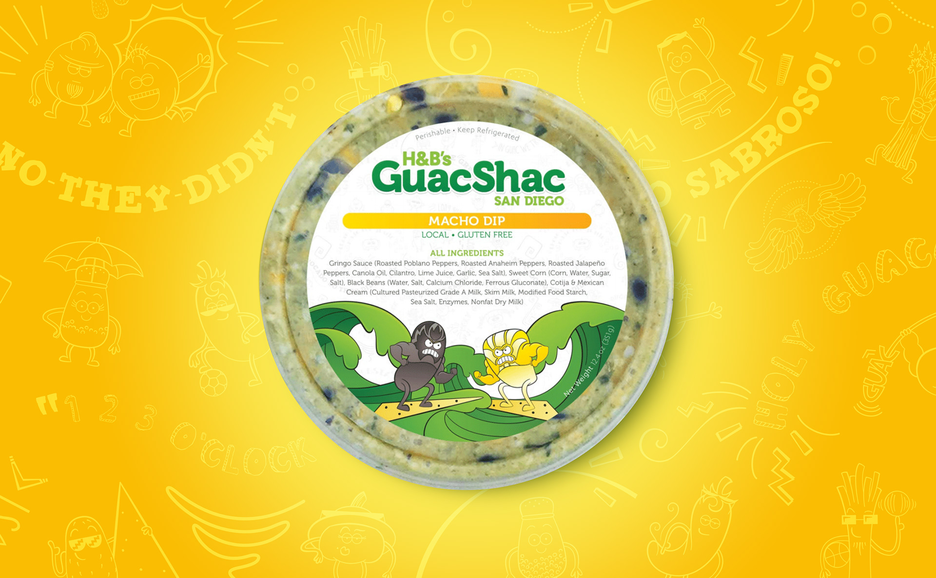 Poblano pepper dip packaging featuring corn and bean Lucha Libre wrestlers surfing on chips (designs by Kat Vochoska).
