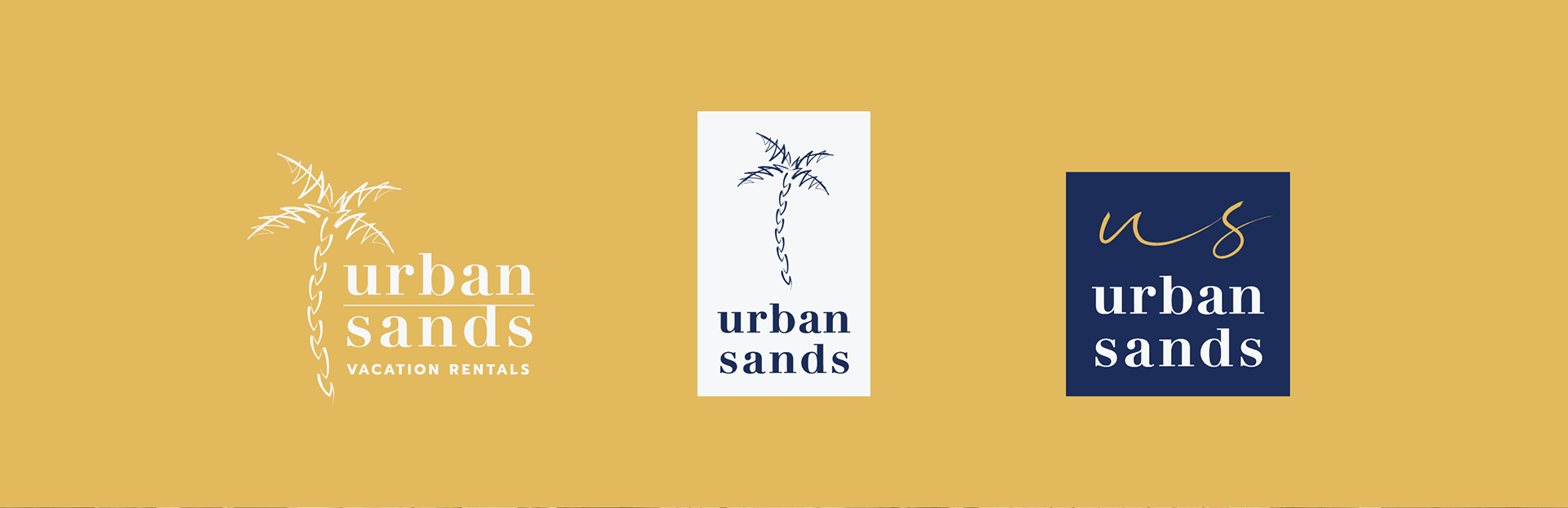 Variations of the logotype, palm tree icon, and monogram set in gold, navy, and eggshell colors (designs by Kat Vochoska).