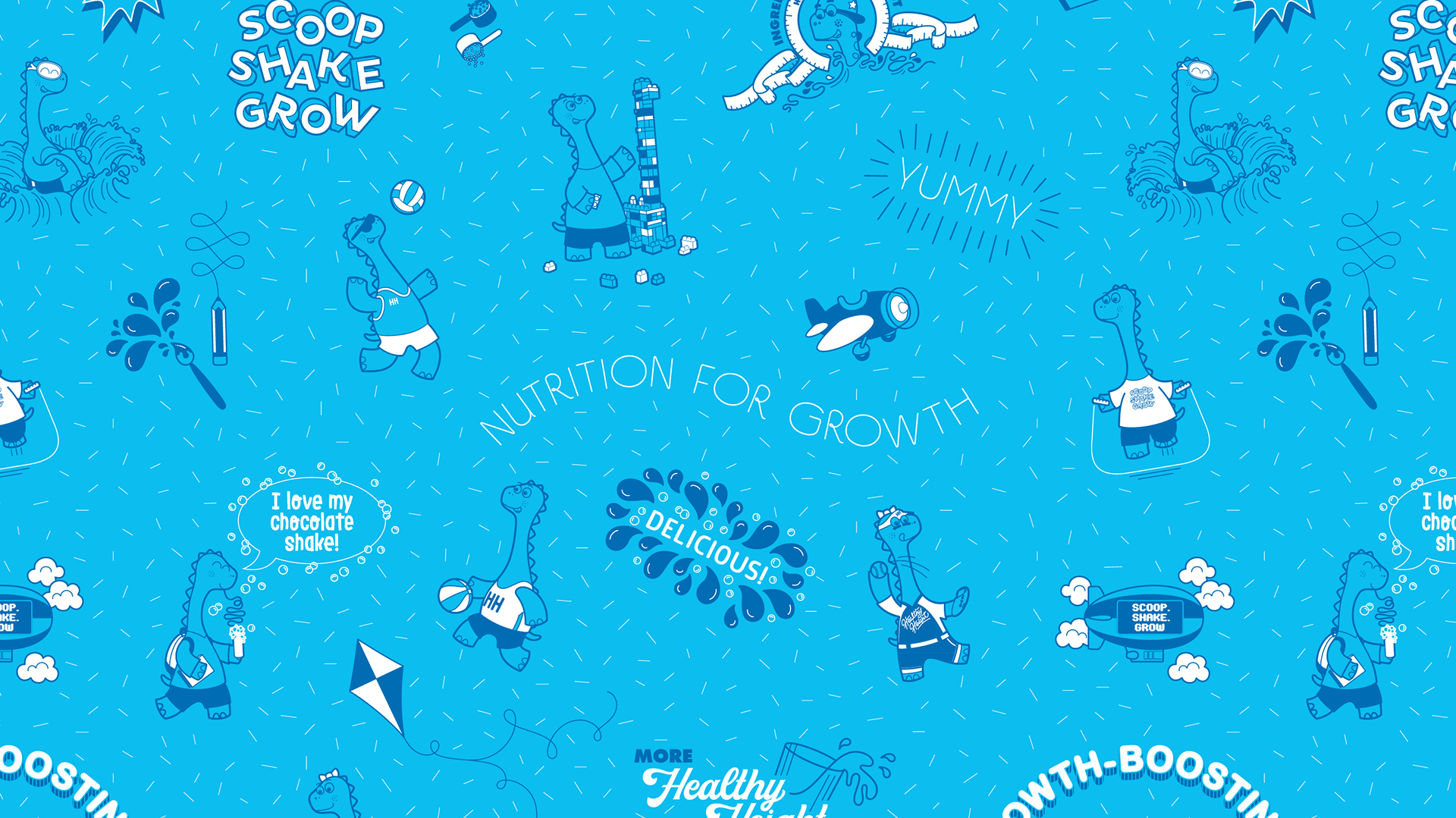 Blue multi-tone pattern with dinosaurs playing, paint brushes, bubbles, kites, and more (designs by Kat Vochoska).