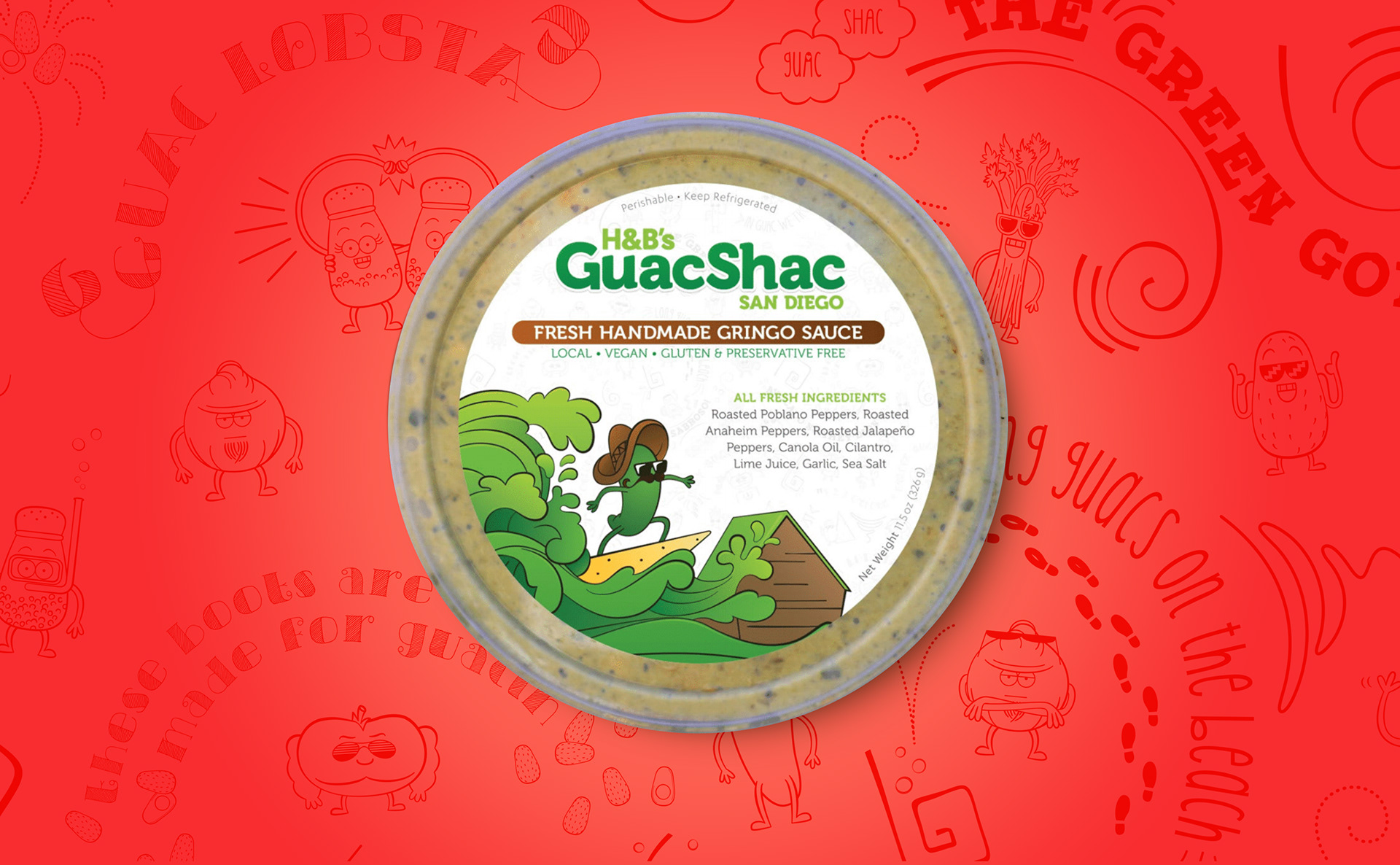 Roasted pepper dip packaging featuring a jalapeño surfing on a chip. Container is on bright pattern (designs by Kat Vochoska).