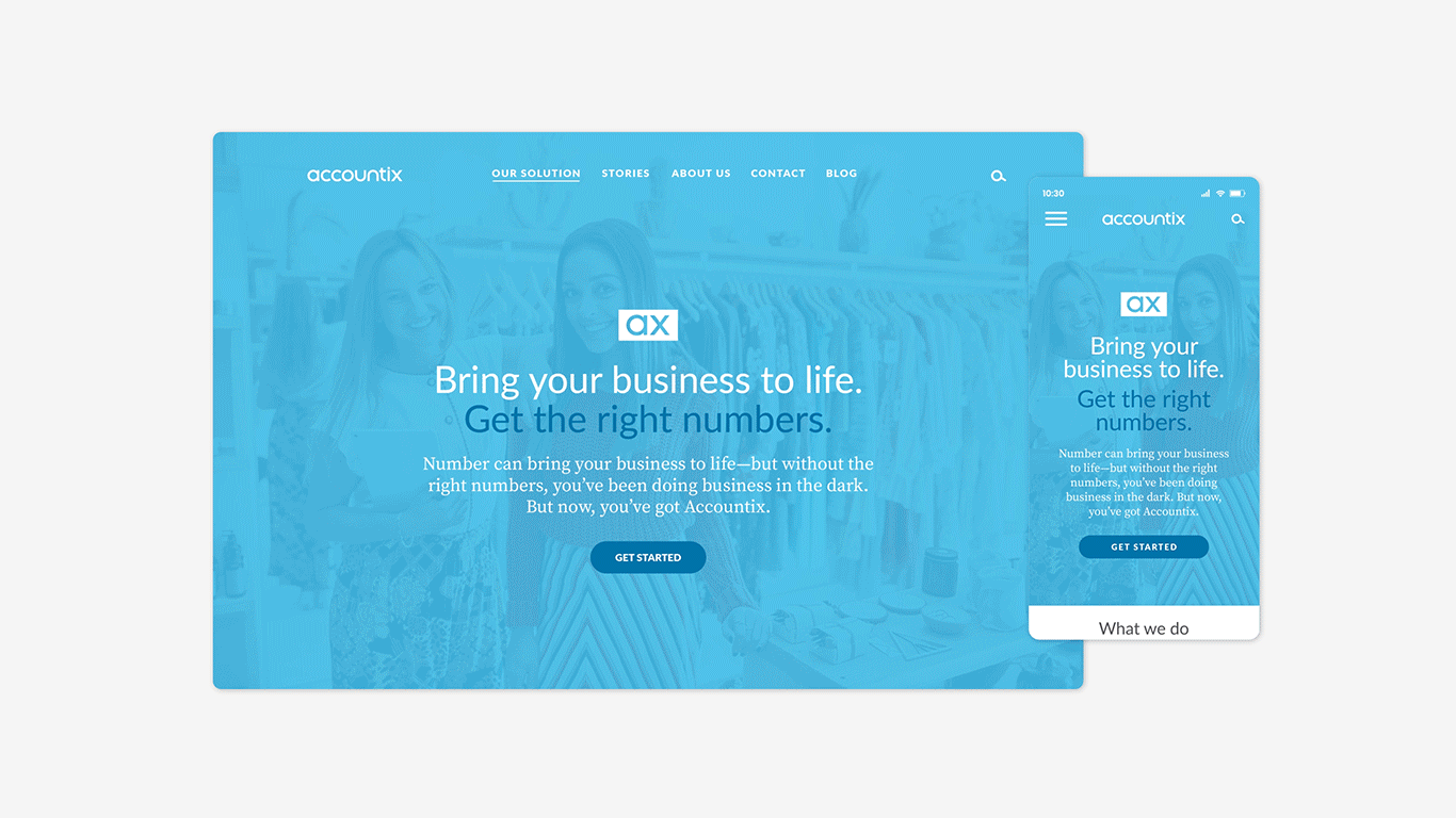 A short scroll animation showcasing the Accountix website homepage on mobile and desktop (designs by Kat Vochoska).