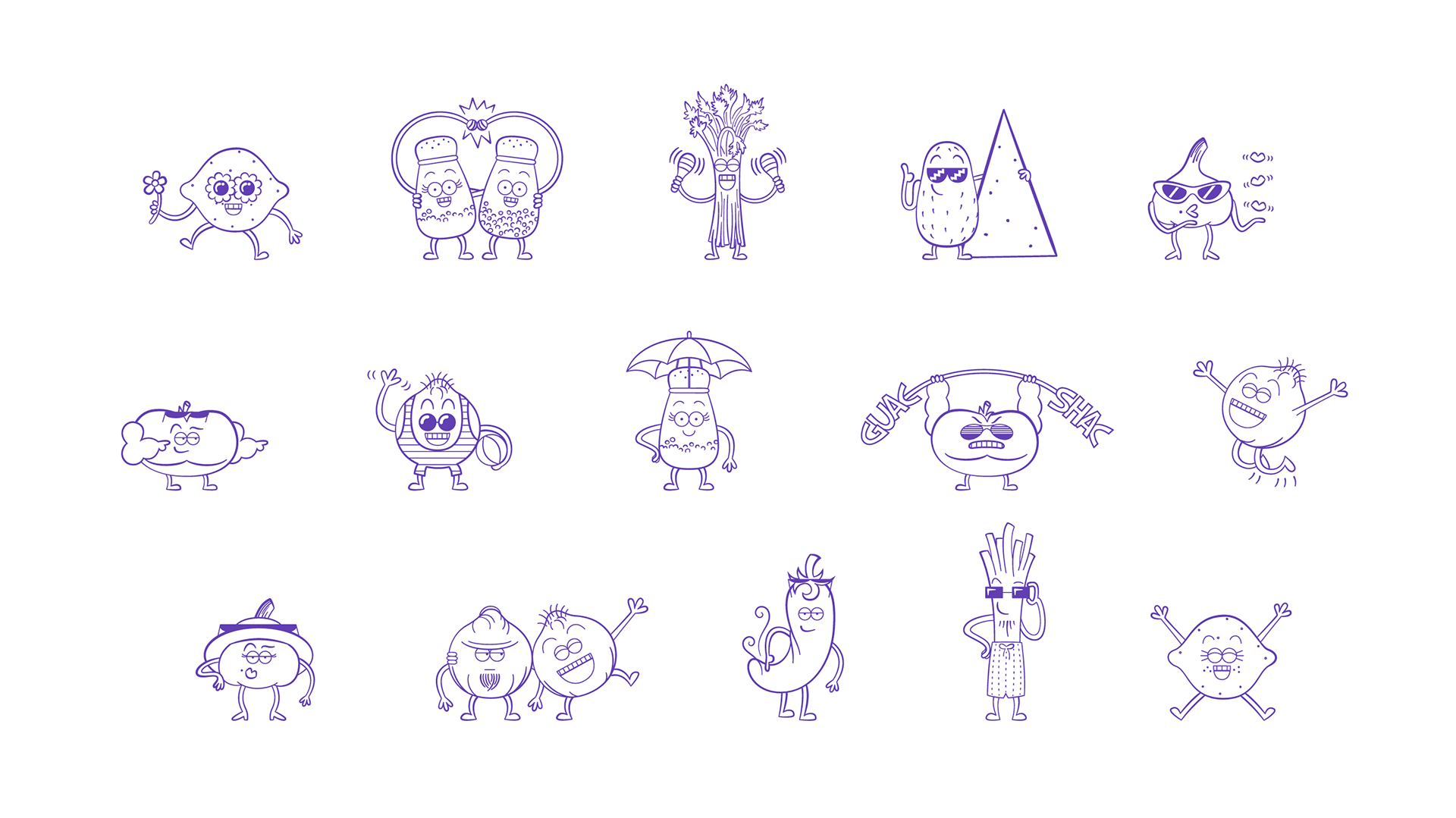 Ingredients drawn as fun, punny characters in poses that emulate their flavor profile (designs by Kat Vochoska).