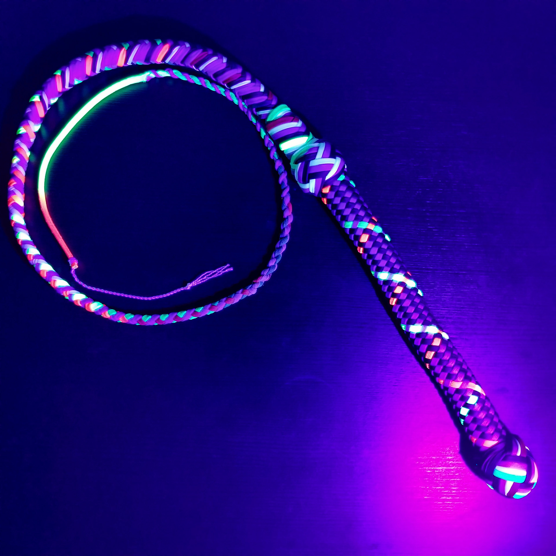 The Glow Whip, a Glow in the Dark Paracord Bullwhip 