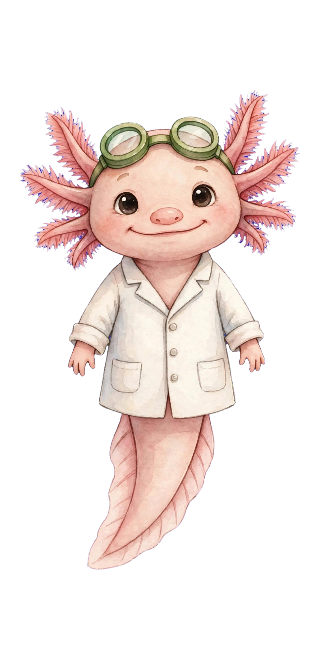 Milo – The Biologist | Cheerful axolotl in goggles and lab coat. | Hobbies: Swimming, goggles, lab coat | Books: Mochi the Biologist
