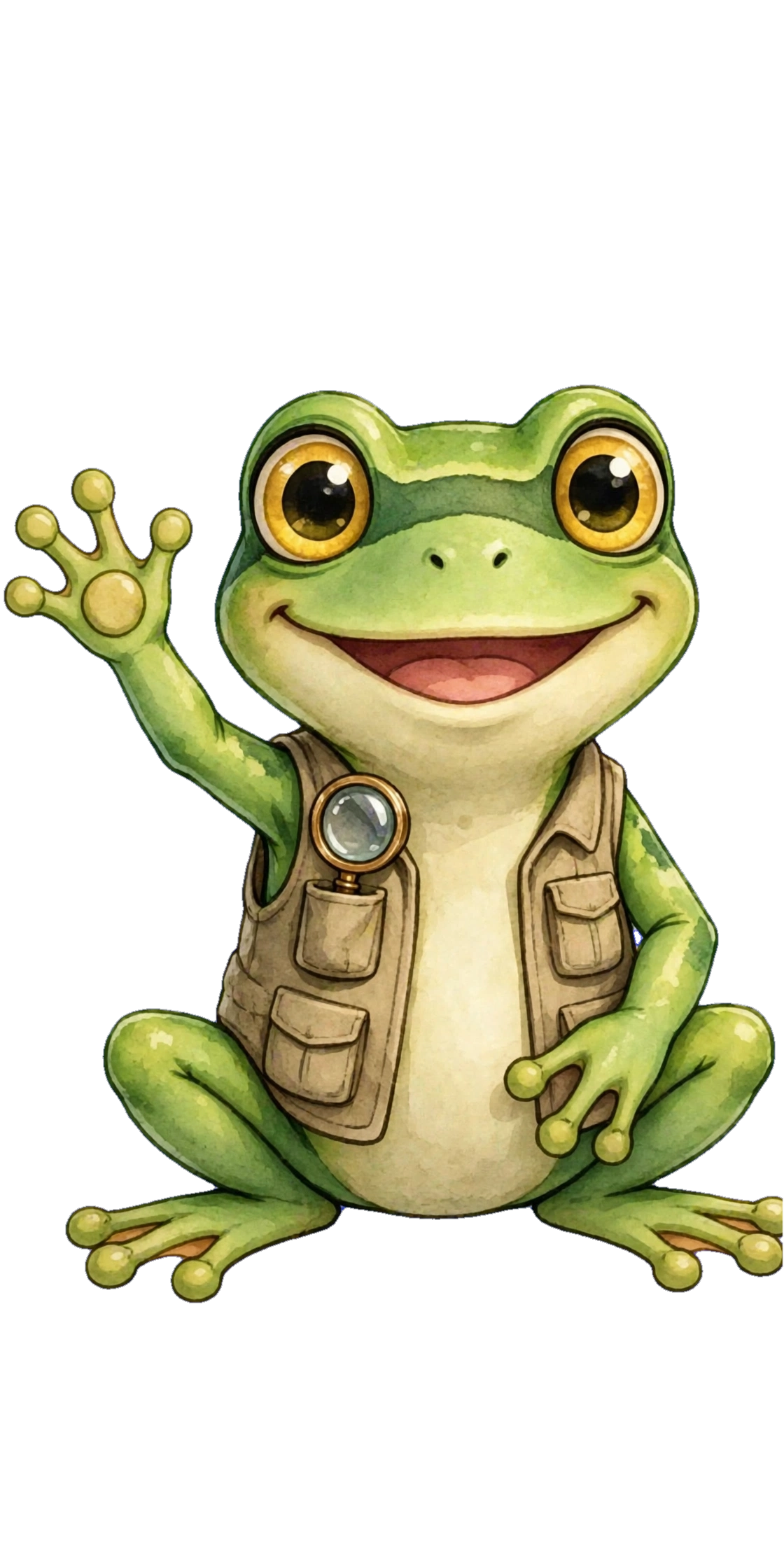 Fern – The Frog | Cheerful frog, pure joy. | Hobbies: Pond-sitting, waving hello | Books: Mochi in USA