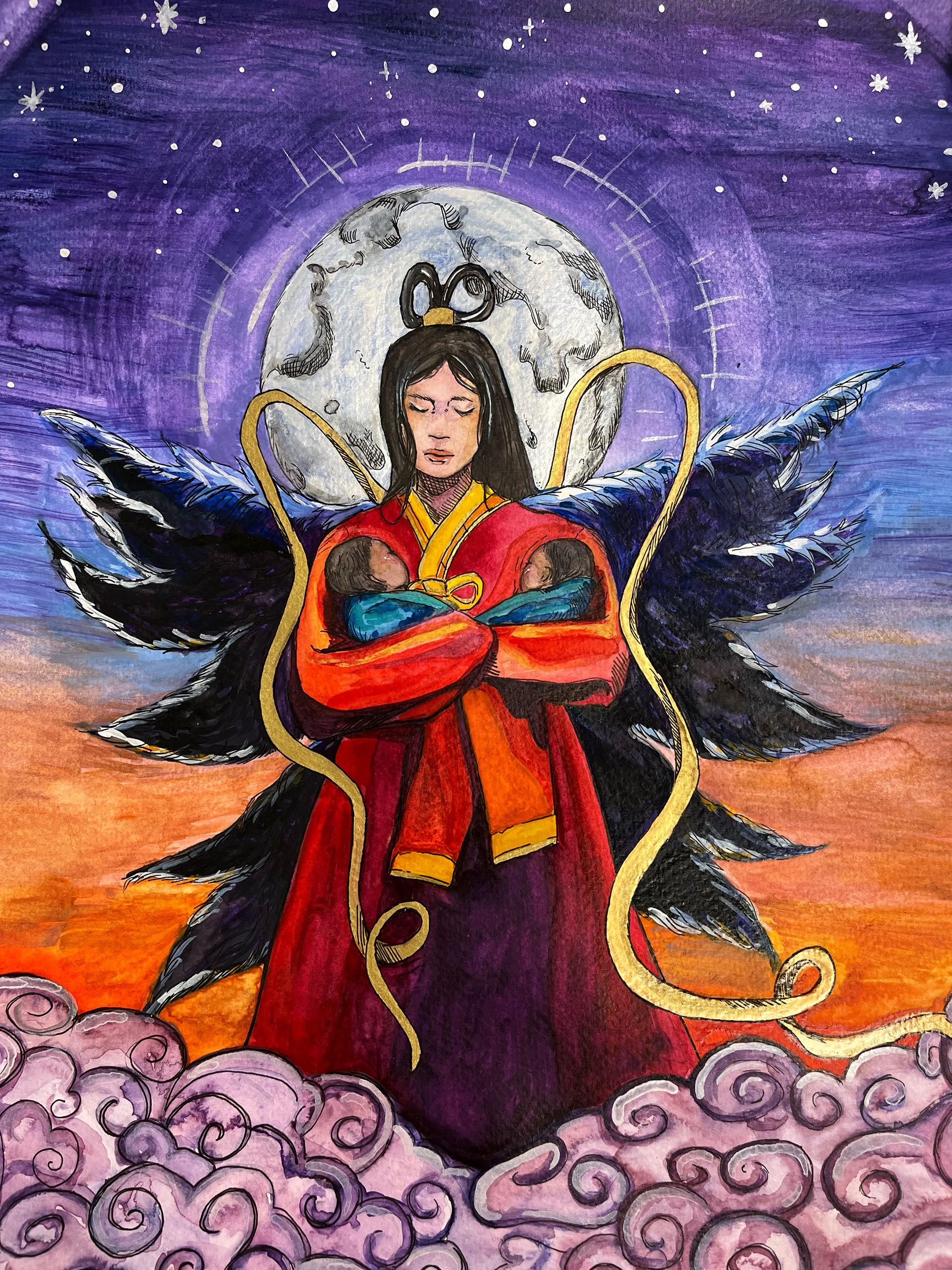 선녀와 나무꾼 (The Fairy and the Woodcutter), 2022, watercolor and micron pens, 11x14in