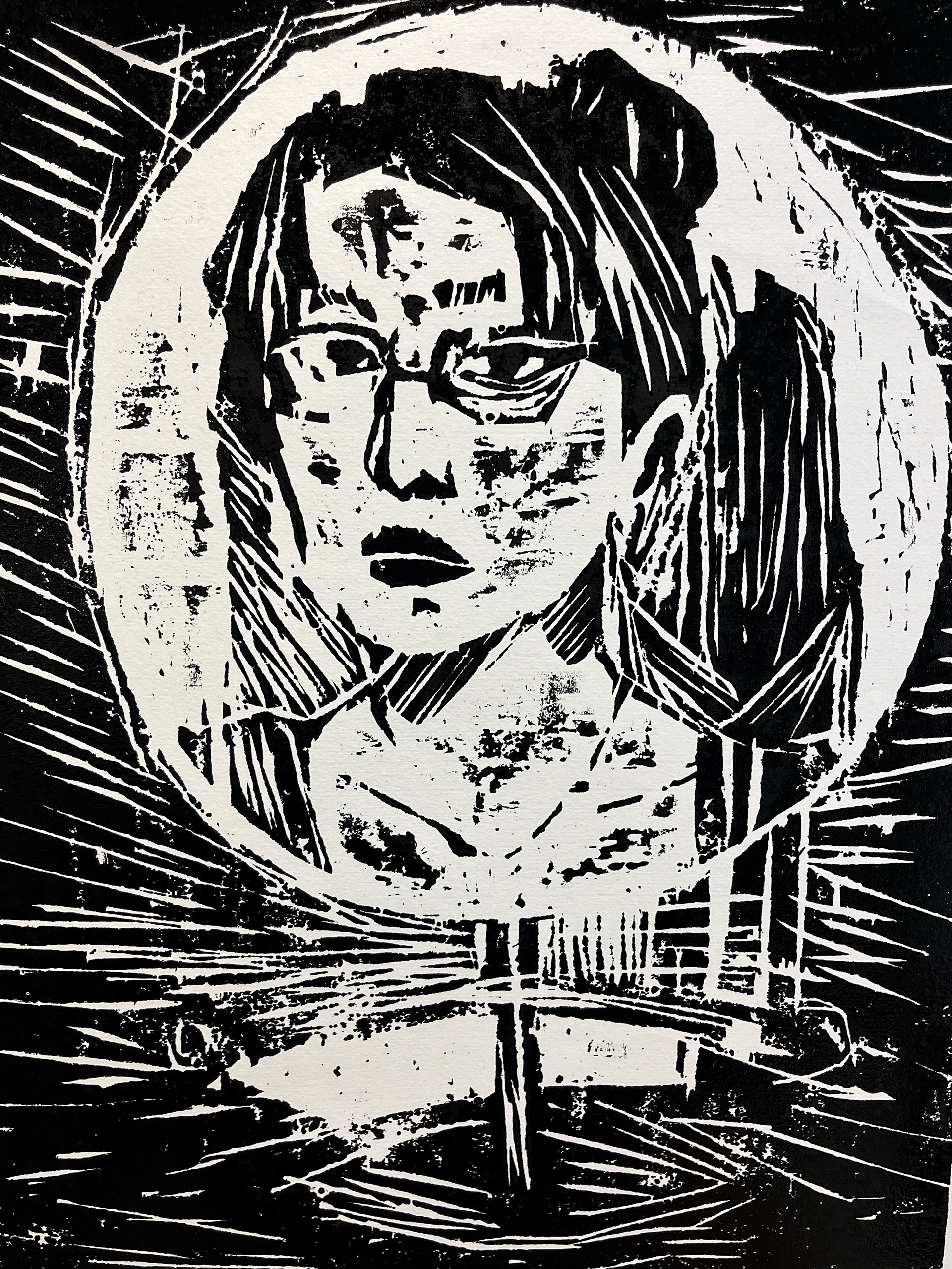 "Self Portrait", woodcut print, 2022.