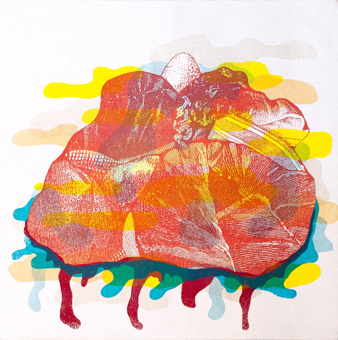 NID SPONGIEUX sérigraphie sur merisier, 30.48 cm x 30.48 cm, tirage unique, 2017