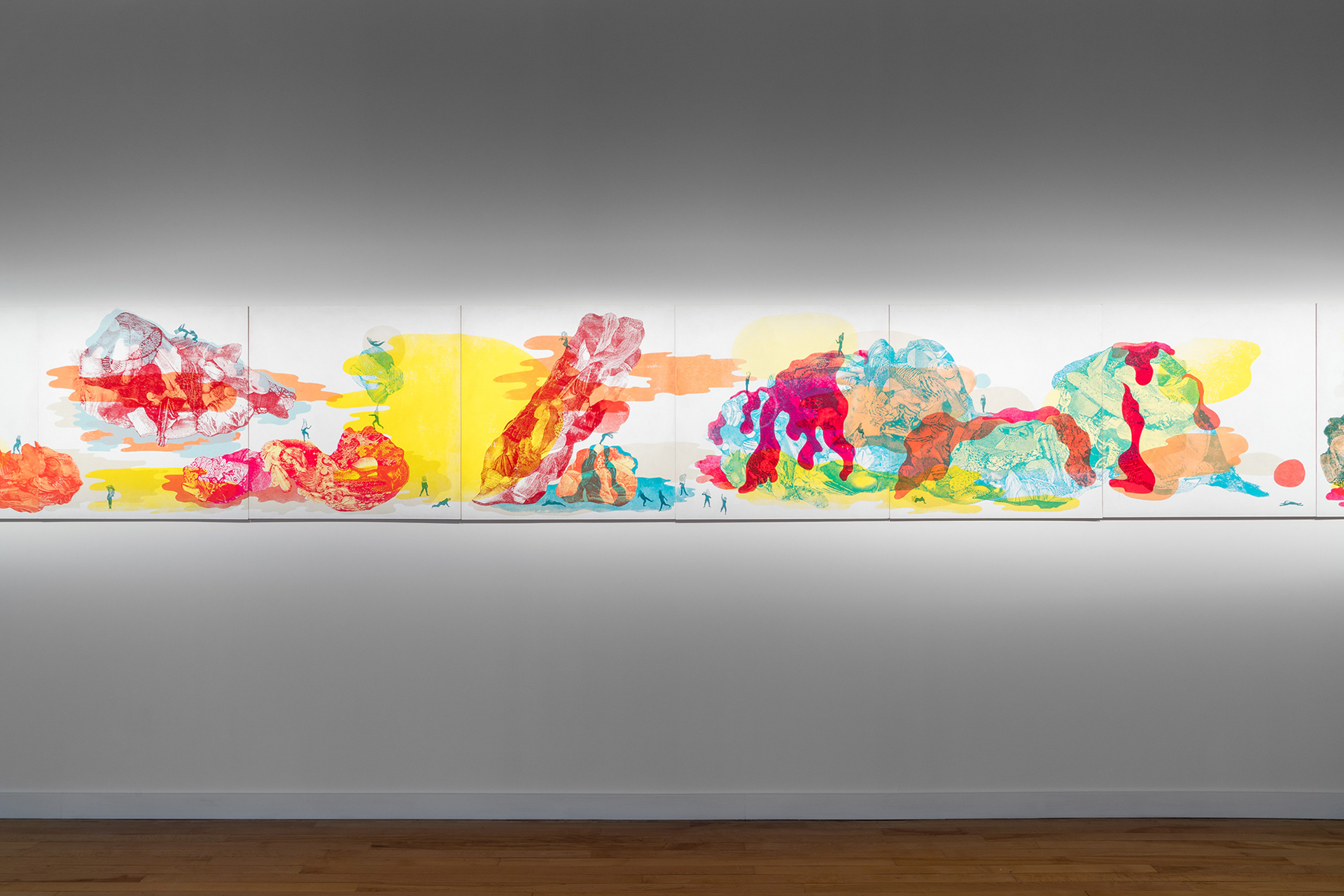 Musement, sérigraphie sur merisier russe, tirage unique, murale constituée de 24 panneaux de 76.20 cm x 76.20 cm. Galerie Botrel, Maison de la Culture Notre-Dame-de-Grâce, Montréal en février 2022