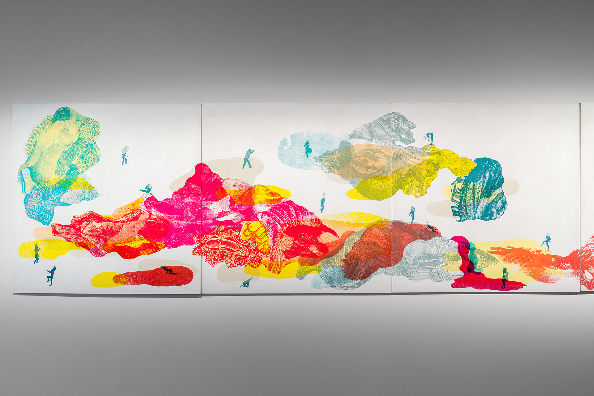 Musement, sérigraphie sur merisier russe, tirage unique, murale constituée de 24 panneaux de 76.20 cm x 76.20 cm. Galerie Botrel, Maison de la Culture Notre-Dame-de-Grâce, Montréal en février 2022