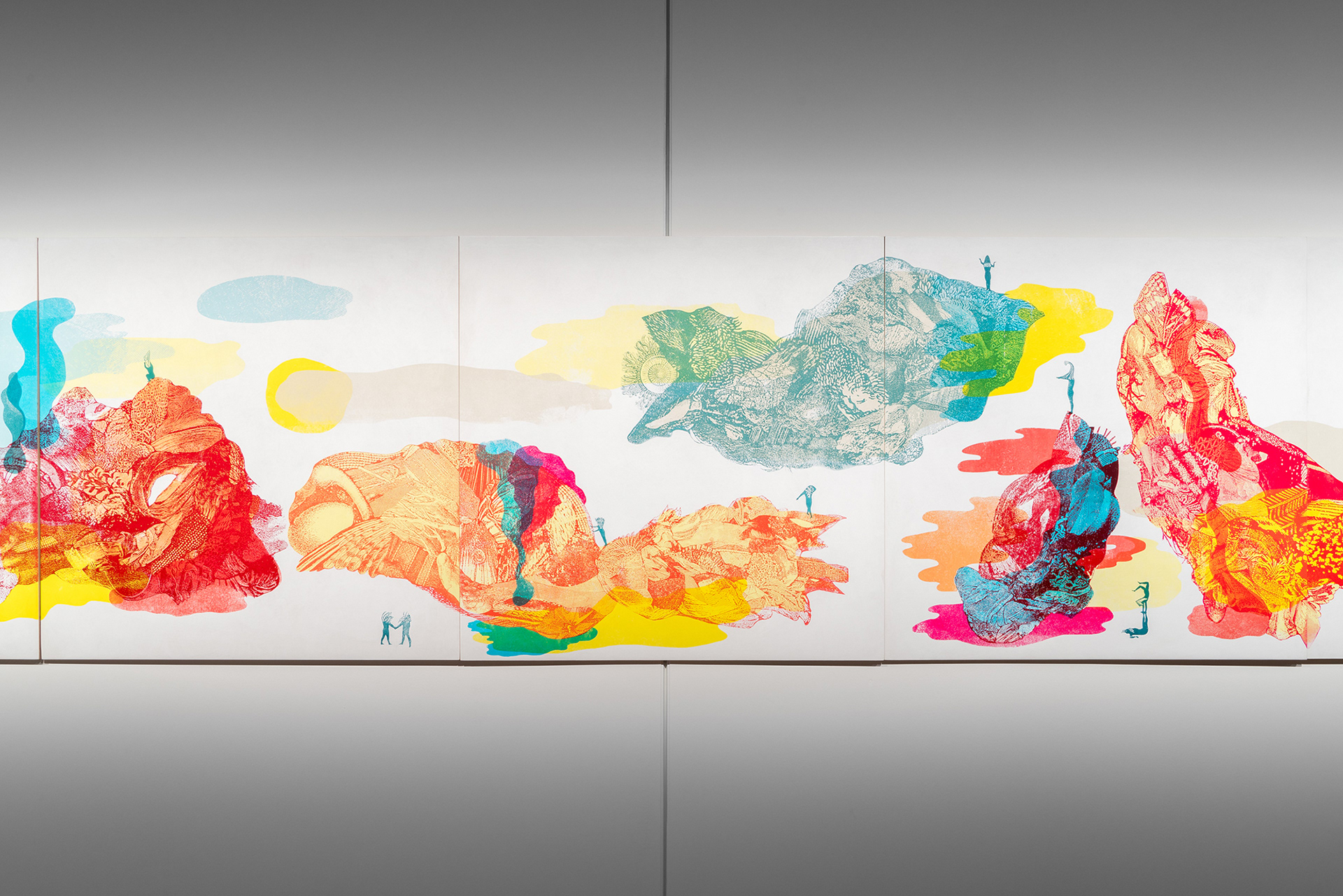 Musement, sérigraphie sur merisier russe, tirage unique, murale constituée de 24 panneaux de 76.20 cm x 76.20 cm. Galerie Botrel, Maison de la Culture Notre-Dame-de-Grâce, Montréal en février 2022