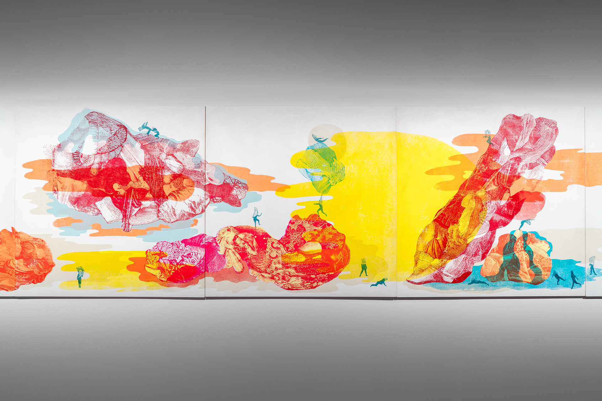 Musement, sérigraphie sur merisier russe, tirage unique, murale constituée de 24 panneaux de 76.20 cm x 76.20 cm. Galerie Botrel, Maison de la Culture Notre-Dame-de-Grâce, Montréal en février 2022