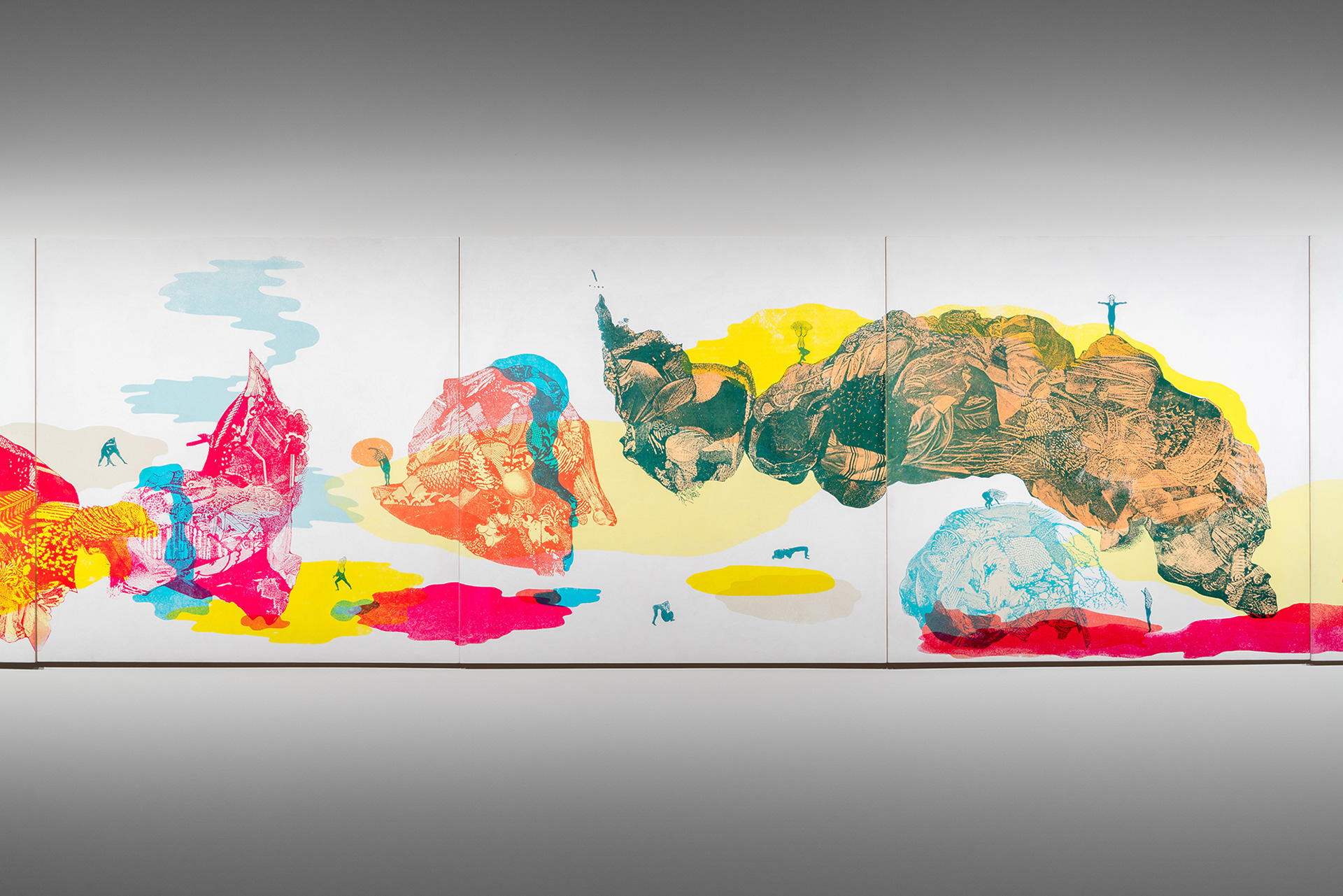 Musement, sérigraphie sur merisier russe, tirage unique, murale constituée de 24 panneaux de 76.20 cm x 76.20 cm. Galerie Botrel, Maison de la Culture Notre-Dame-de-Grâce, Montréal en février 2022