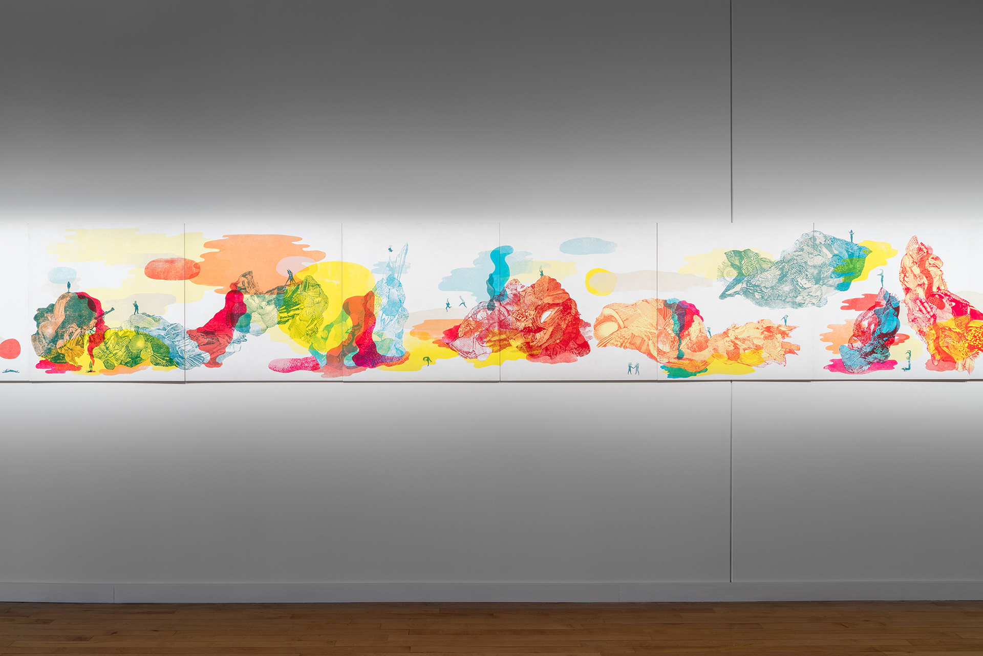 Musement, sérigraphie sur merisier russe, tirage unique, murale constituée de 24 panneaux de 76.20 cm x 76.20 cm. Galerie Botrel, Maison de la Culture Notre-Dame-de-Grâce, Montréal en février 2022