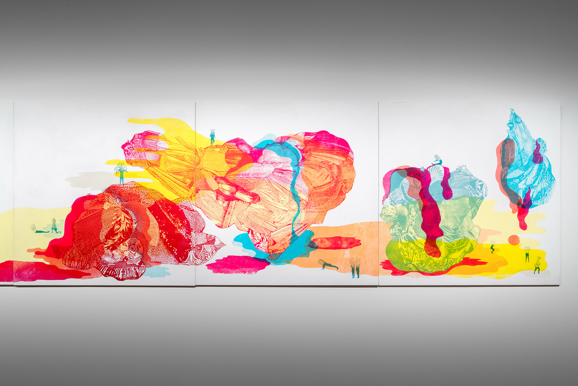 Musement, sérigraphie sur merisier russe, tirage unique, murale constituée de 24 panneaux de 76.20 cm x 76.20 cm. Galerie Botrel, Maison de la Culture Notre-Dame-de-Grâce, Montréal en février 2022