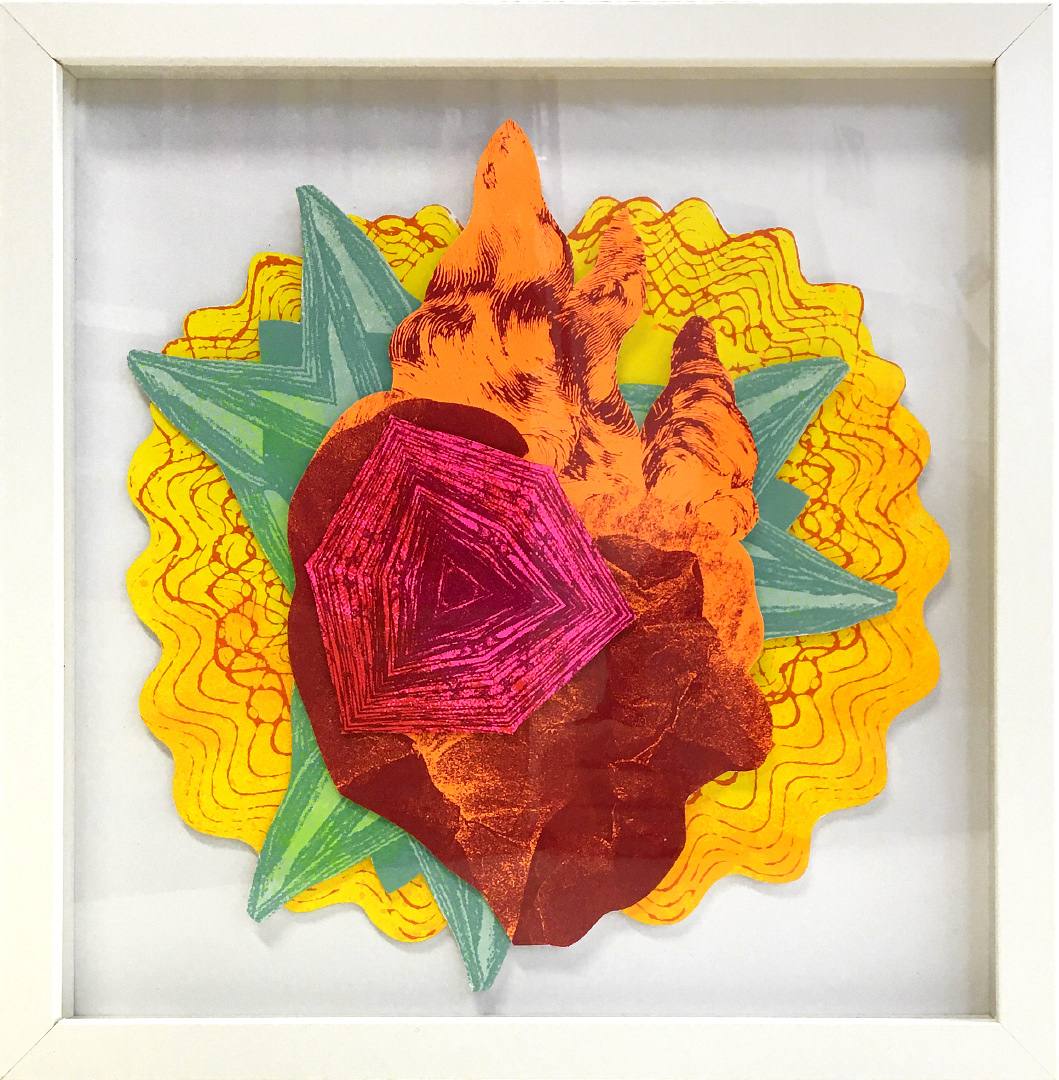 Le sas, 2024, collage, superposition de sérigraphies sur papier Stonehenge, 12.75 x 12.75 x 1 pouces