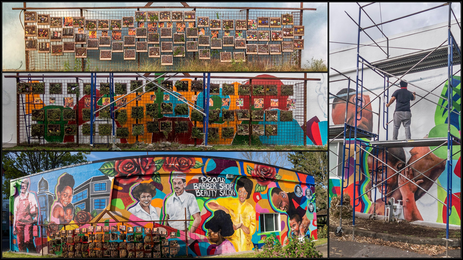 A series of snaps I took on 10/10/2015, 10/14/2020 and 4/7/2022. Alex was one of several muralists who painted a new mural on the Micro Enterprise Services of Oregon (MESO) building. On 10/14/2020, I watched Alex for a few minutes on my walk to Overlook. On my return walk home, I stopped and had a nice conversation with him. Check out his portfolio, which is very impressive! Ref: <a href="http://www.alexdoodles.com/p/portfolio.html">www.alexdoodles.com/p/portfolio.html</a>. I'd also encourage you to watch the followingOregon Art Beat episode. Alex and his family are profiled in the first segment. It's a nice story. https://watch.opb.org/video/season-22-episode-3-postcards-from-the-pandemic-ytiios/