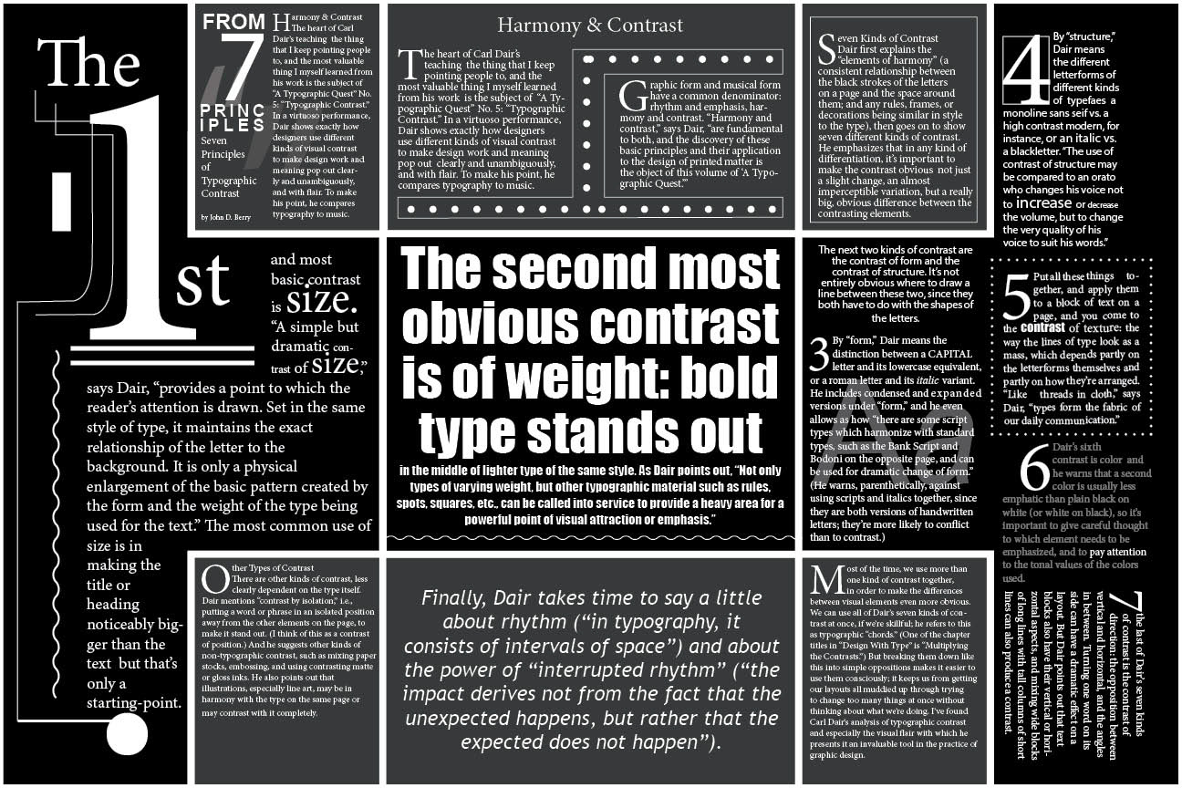 Construction of the "7 Principles of Typographic Contrast" to a visual cohesive piece. Played with typography and a little of the orientation of the words to make a compelling statement for each of the seven contrasted statement of type.