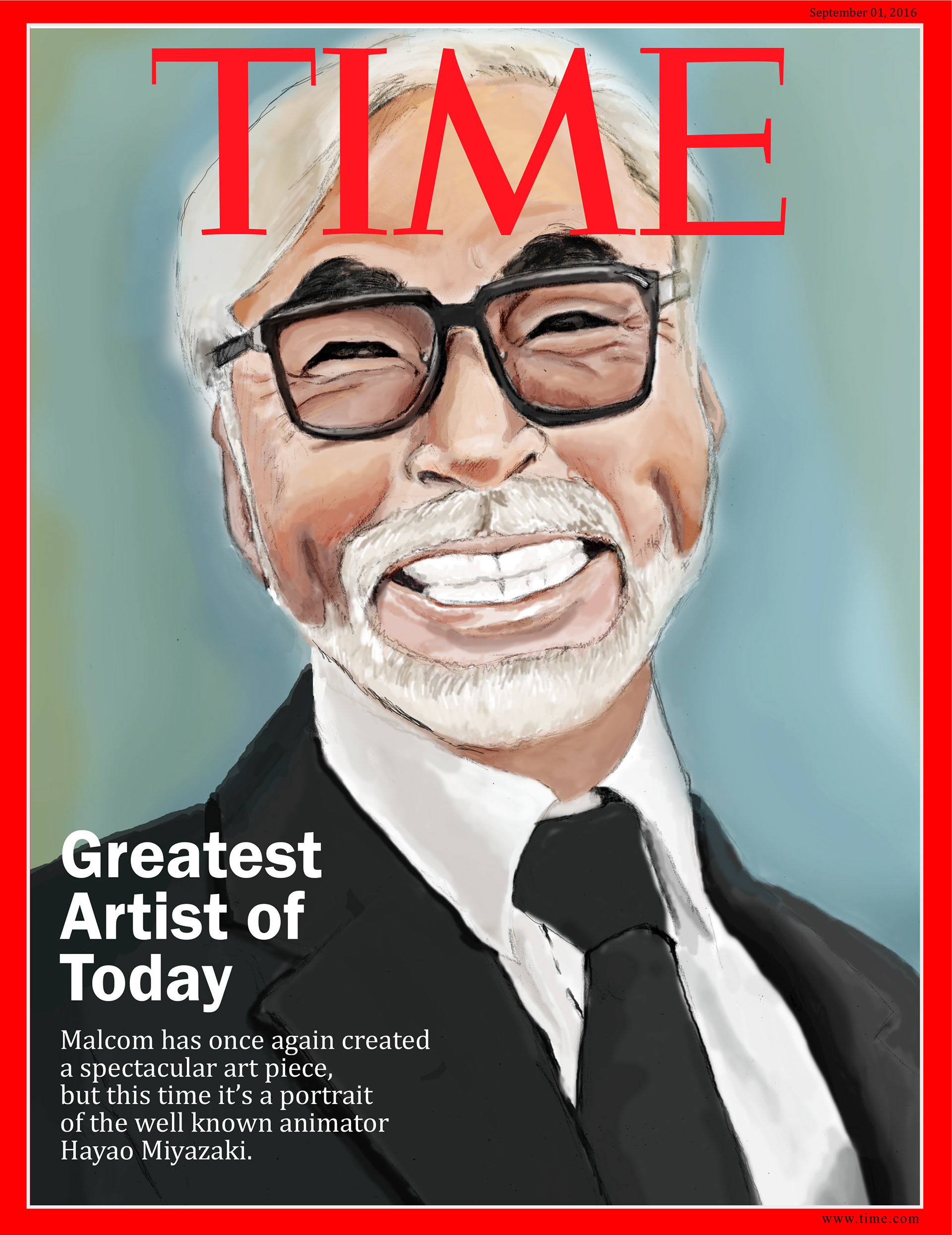 One of my favorite pieces and also the first piece I've ever digitally painted. For this assignment I decided to do my illustration of Hayao Miyazaki and display him on Time magazine.