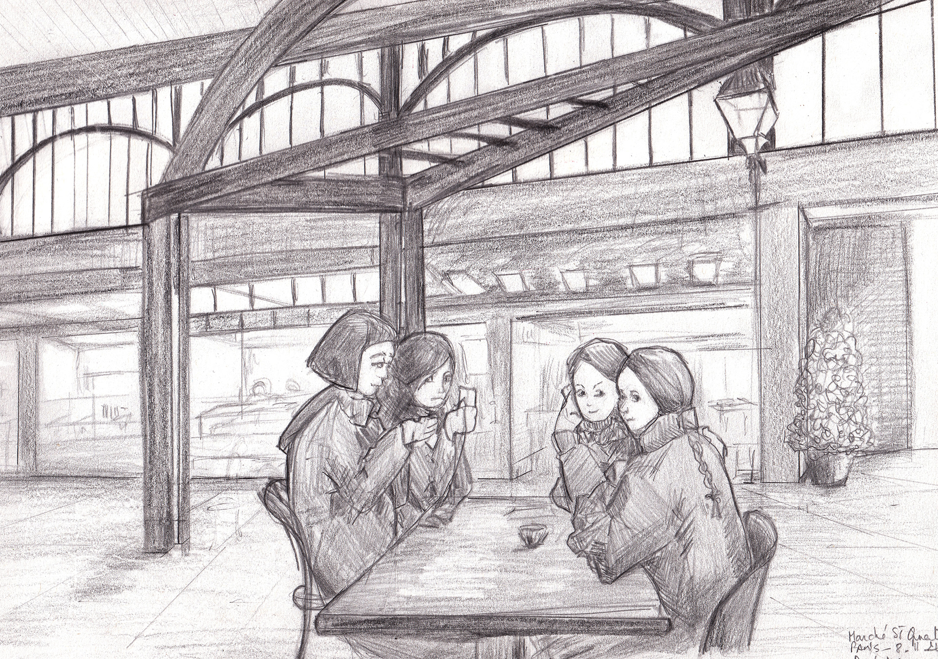 Papotages au marché St.Quentin A4 graphite sur papier