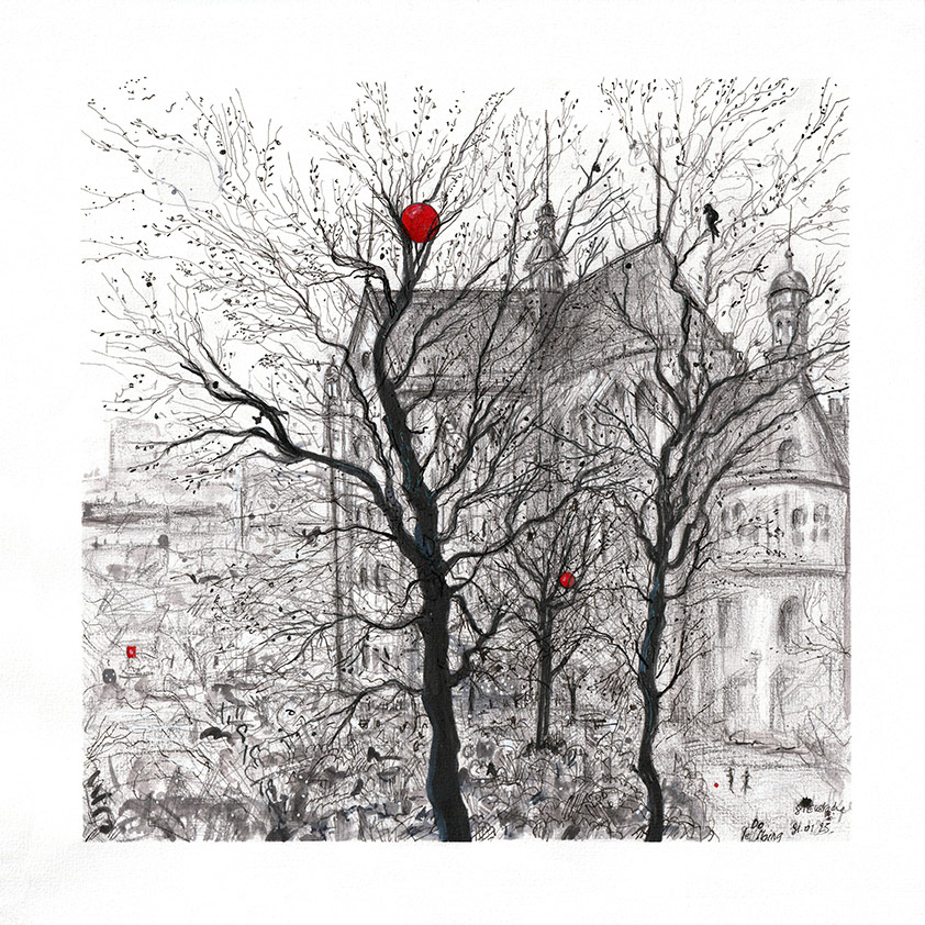 Saint Eustache 30X30 encre et aquarelle sur papier