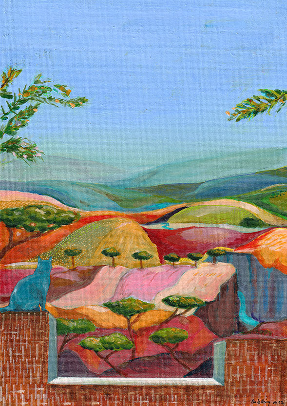 Chat au balcon A4 acrylique sur carton entoilé