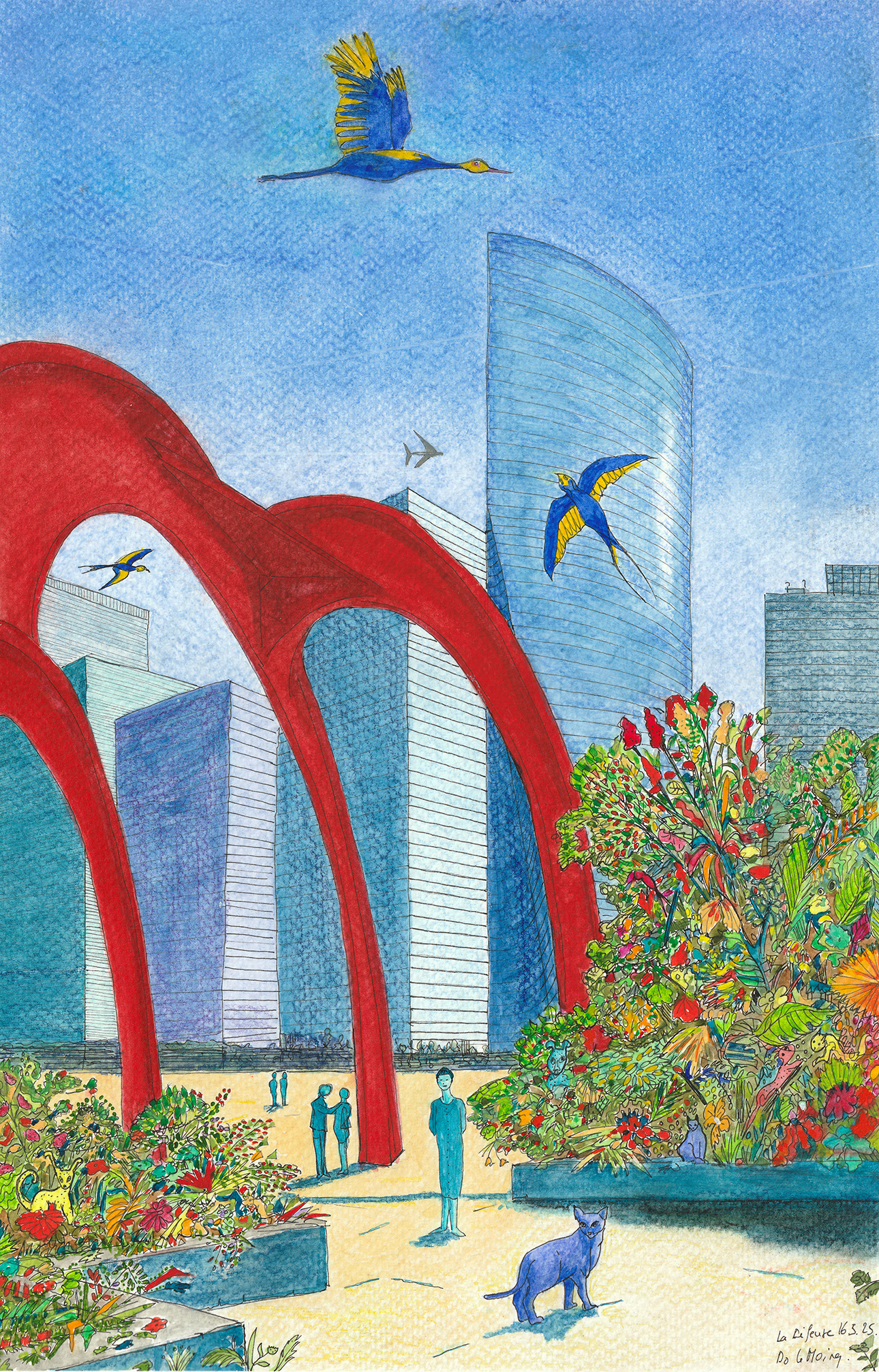 Le chat de La Défense A3 Encre, aquarelle et acrylique sur papier