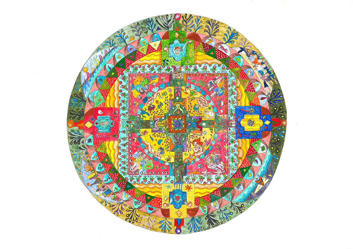 Mandala famille encre et aquarelle sur papier A3