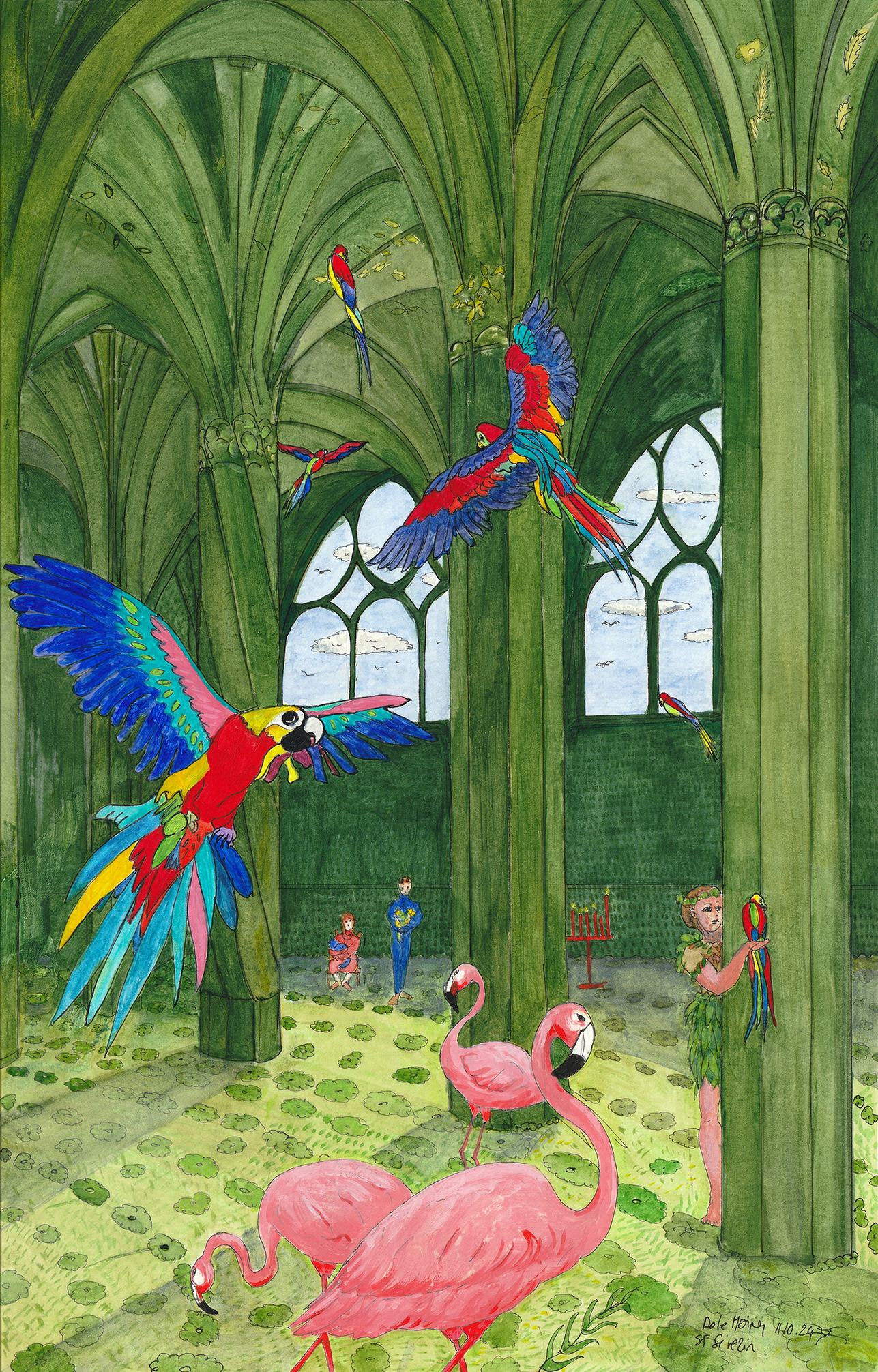 Oiseaux sacrés à St Séverin A3 Encre, aquarelle et acrylique sur papier