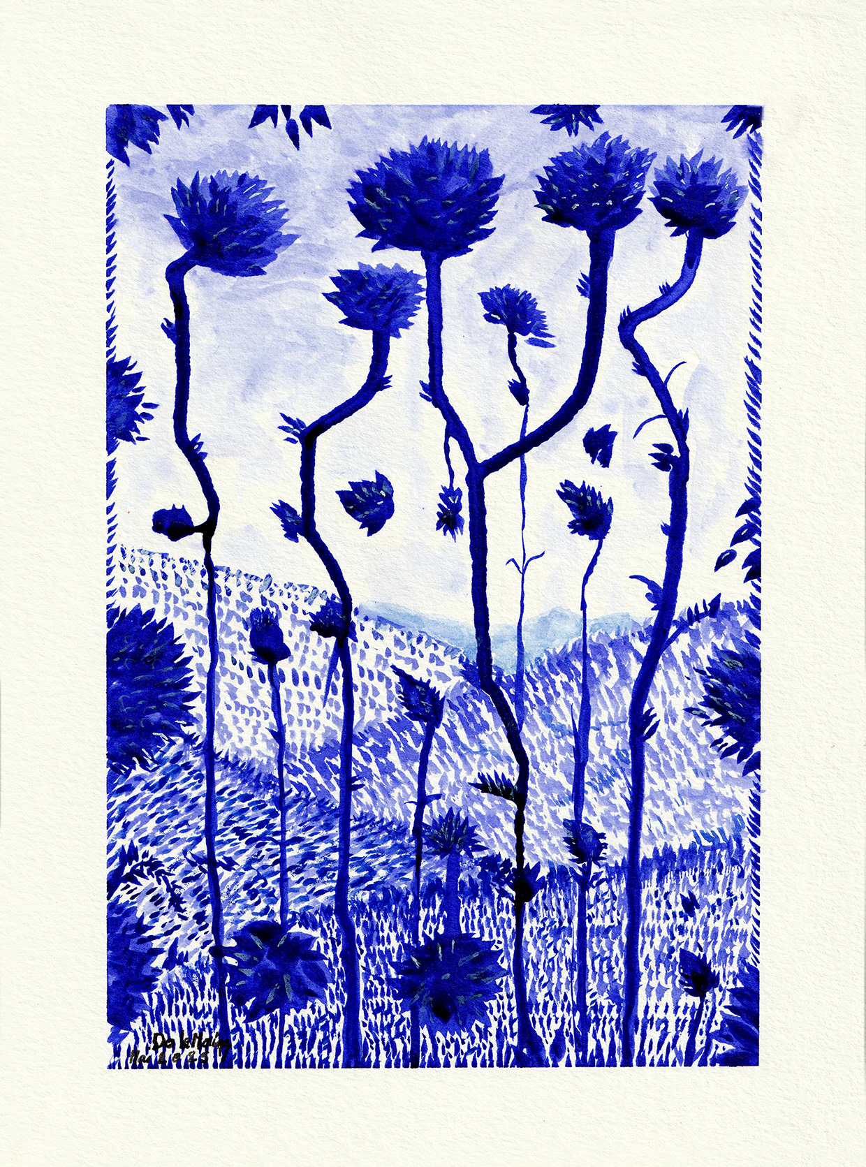 Fleurs de taches bleues A4 encre et aquarelle sur papier