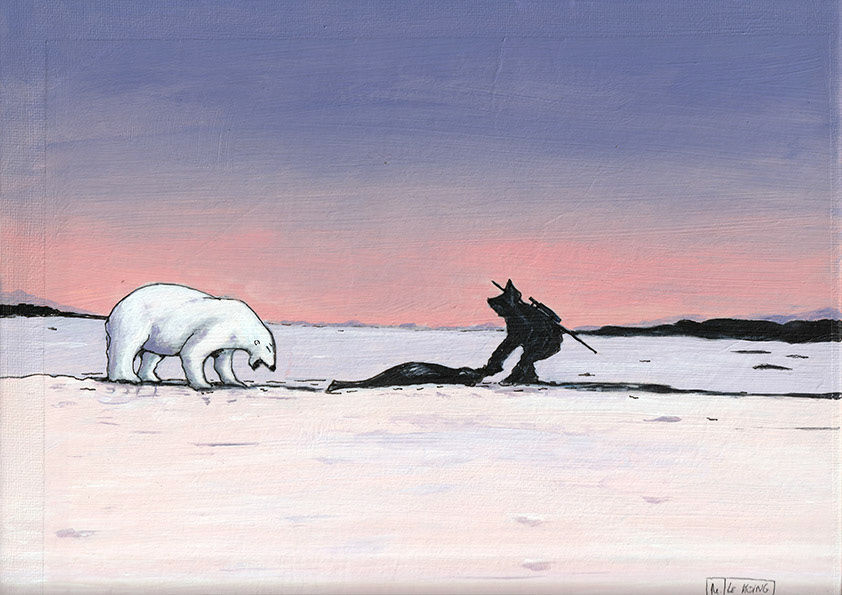 (VENDU) Lutte polaire A4 acrylique sur papier marouflé sur carton entoilé