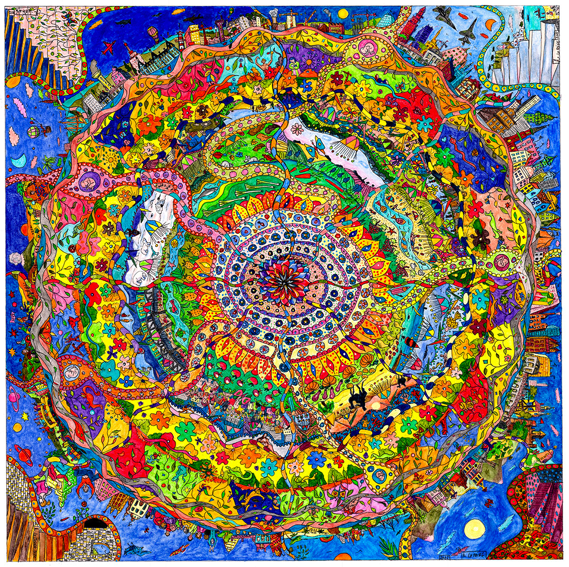 Mandala encre et aquarelle sur papier 40X40